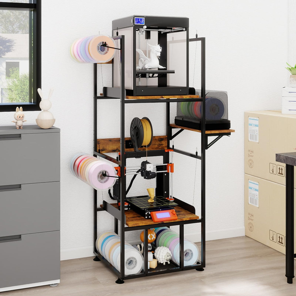PUNCIA 3-Tier Foldable 3D Printer Stand with Filament Storage, Heavy Duty Rack for FDM SLA Resin 3D Printers and PLA ABS Materials Sturdy 3D Printing Table Perfect for Home Office Workshop Studio
