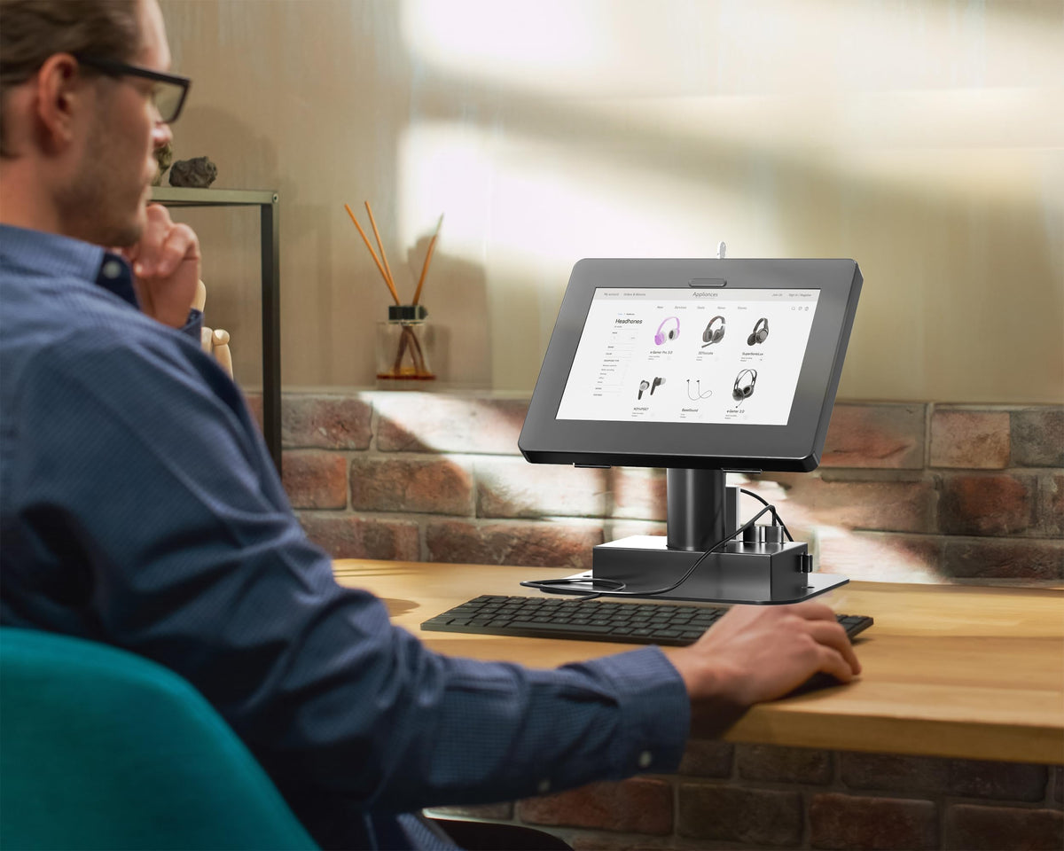 CTA Digital Integrated USB 3.0 Hub Desk Mount with Universal Security Enclosure for iPad 11 (A16) - Pro 11-inch M4 - Air 11-inch M3- iPad 10th Gen - Galaxy Tab & More Tablets - Black - (PAD-QRUSBKB)