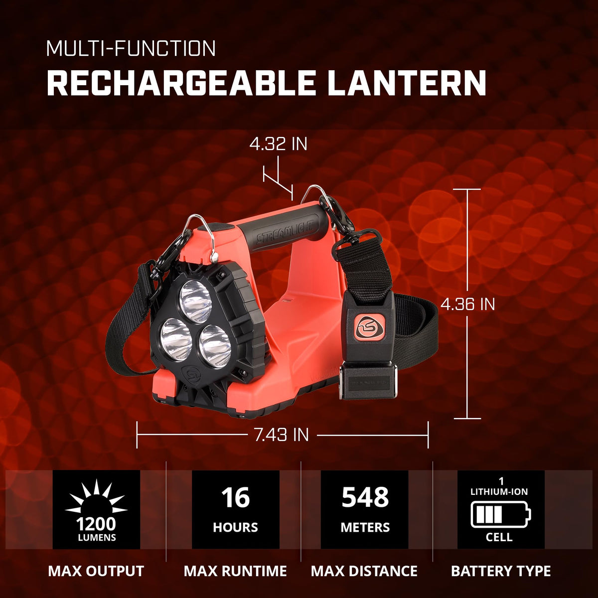 Streamlight 44311 Vulcan 180 LED Rechargeable Lantern AC/DC Charger 1200 Lumen, Orange - 1200 Lumens