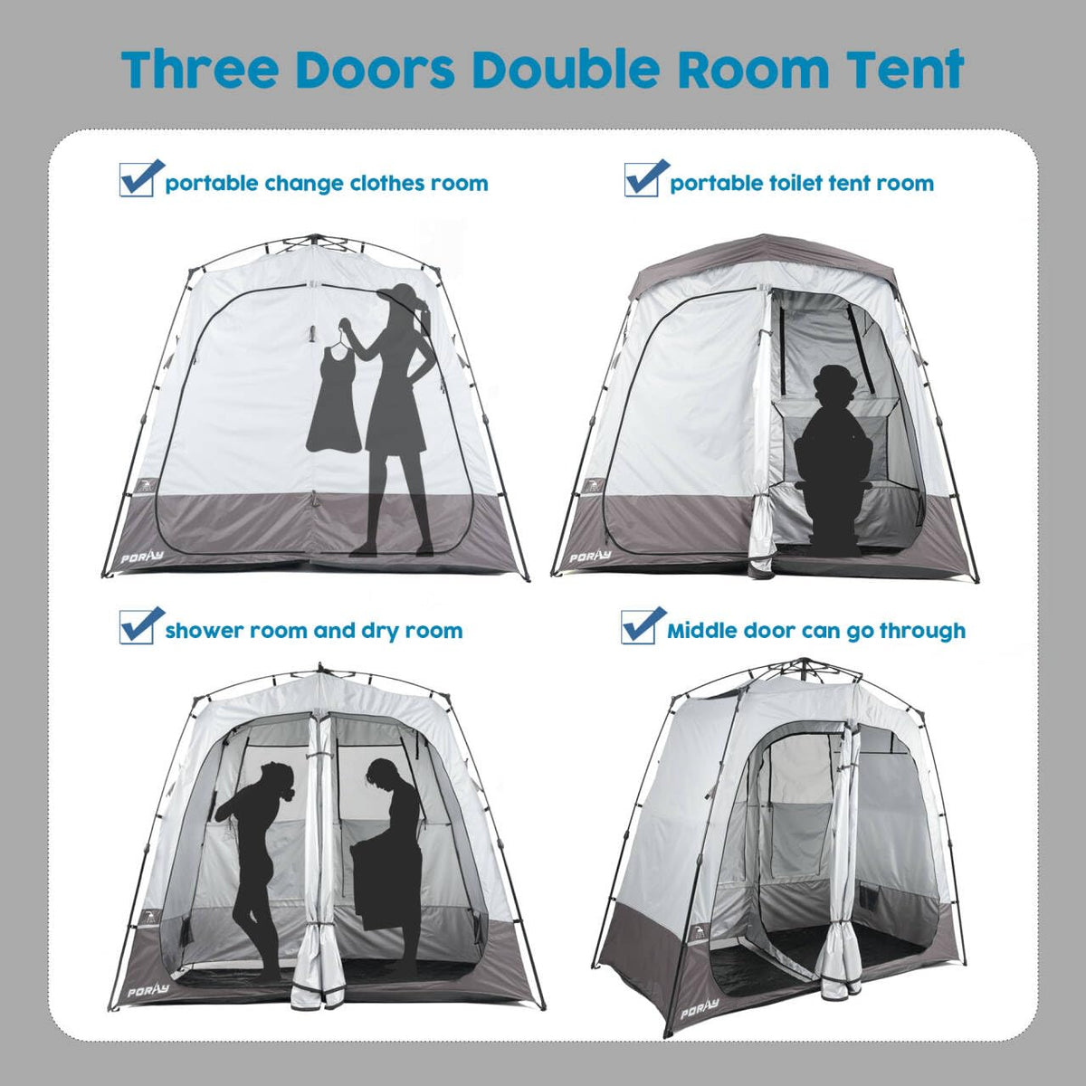 Porayhut Portable Camping Shower Tent Deluxe Changing Room Easy Set Up Privacy Shelter,Large Toilet Tent with Floor Drain Design for Beach, Camping,Hiking with 2 Rooms,Stakes and Ropes for Stability