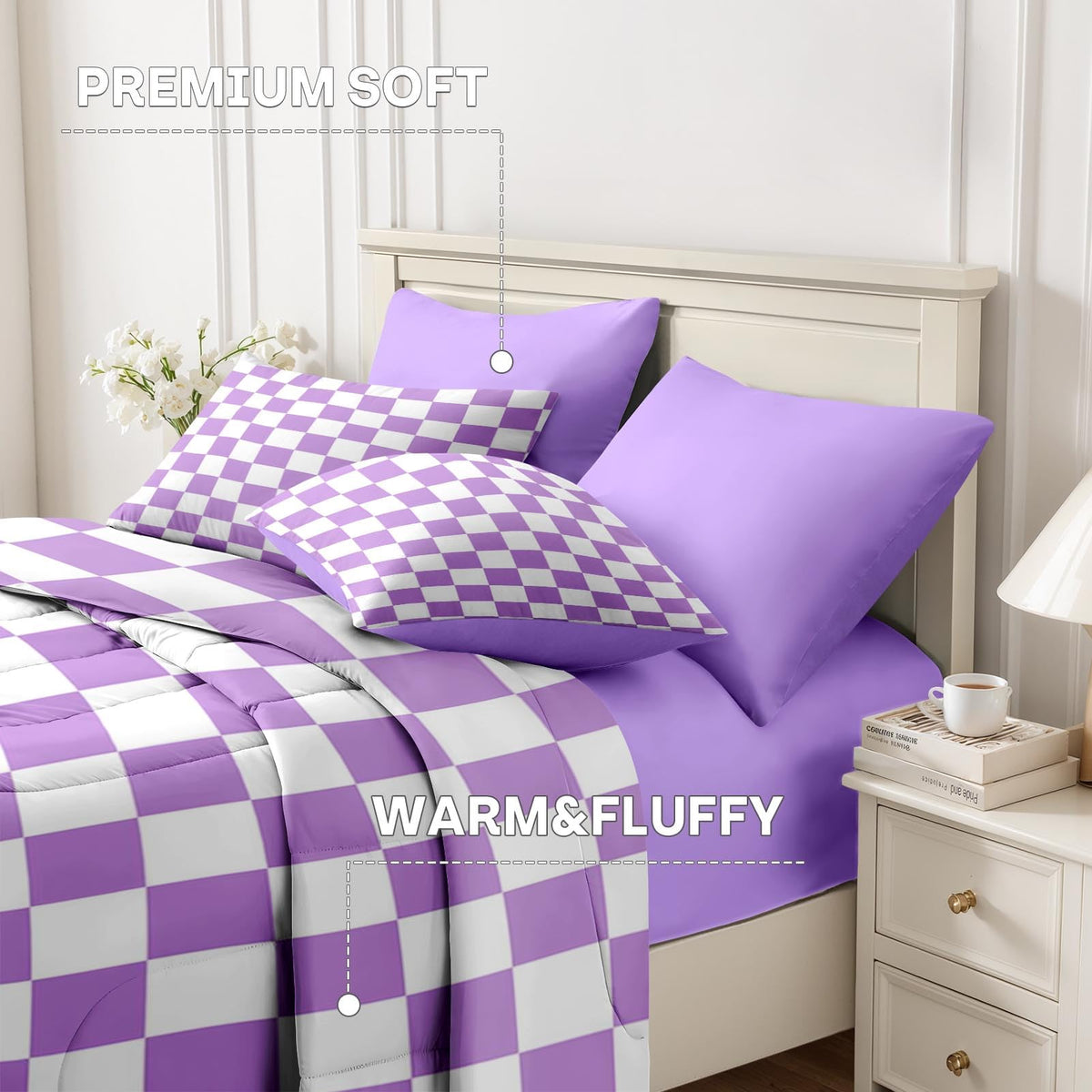 Nesker Comforter Set Full Size, Purple Plaid Gingham 7 Pcs Bedding for Kids and Adults, Checkerboard Grid Bed Sheet Sets with Fitted Sheet 2 Pillowcases & 2 Shams