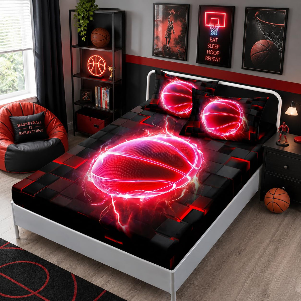 HOSIMA Basketball Fitted Sheet Twin,Basketball Wrapped in Flames,Black Red Geometric Background Pattern Cool Extreme Sports Bedding for Kids Boys Room Decor,1 Fitted Sheet+2 Pillowcases.