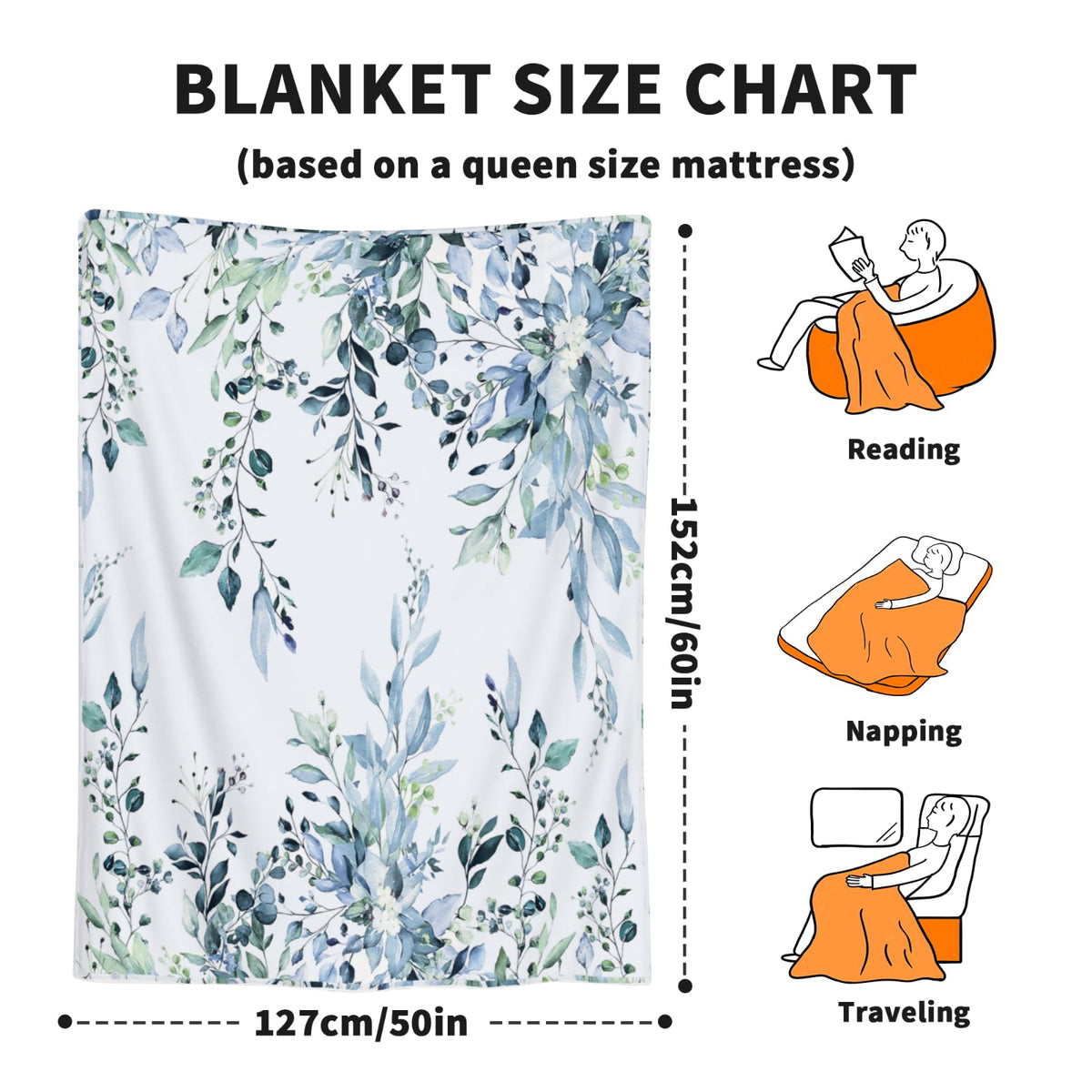 Arktrident Blue Eucalyptus Throw Blanket Sage Leaves Lightweight Bed Blanket Bedroom Decor Soft Fluffy Plush Fuzzy Cozy Couch Fleece Blankets 50"X60"