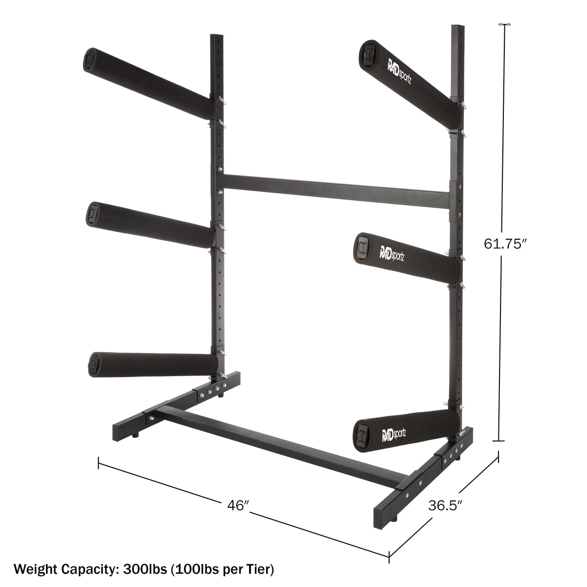 RAD Sportz Kayak Storage Rack - 3-Level Freestanding Adjustable Stand with Padded Arms and 300lb Capacity for Canoes, SUP, or Paddleboards (Black)
