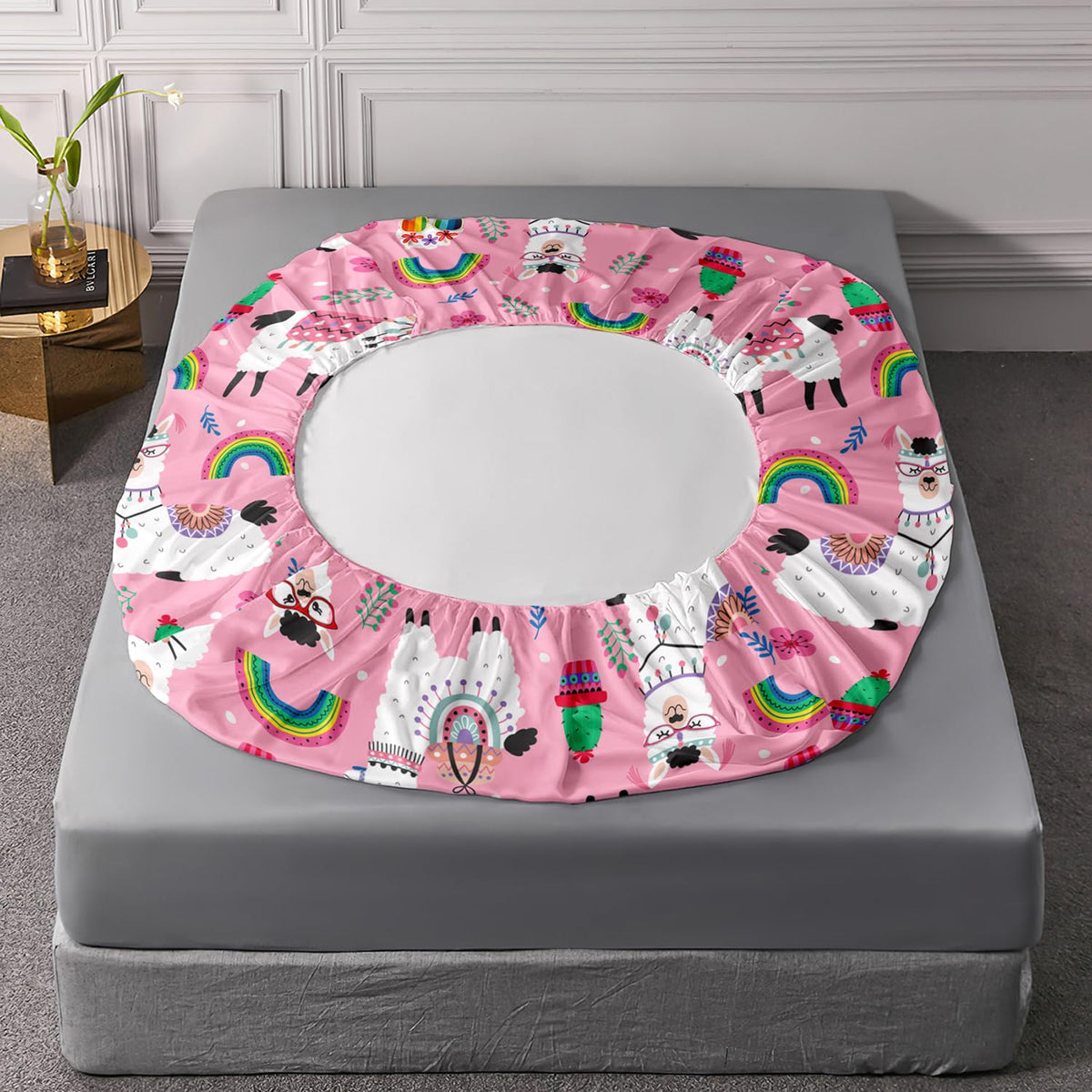 HOSIMA Kids Girls Pink Twin Fitted Sheet with 2 Pillowcases,Cute Llama Alpaca Fitted Sheet Animal Bedding Sets for Room Decor,Rainbow Cactus Flower Sheets with 15Inch Deep Pockets.
