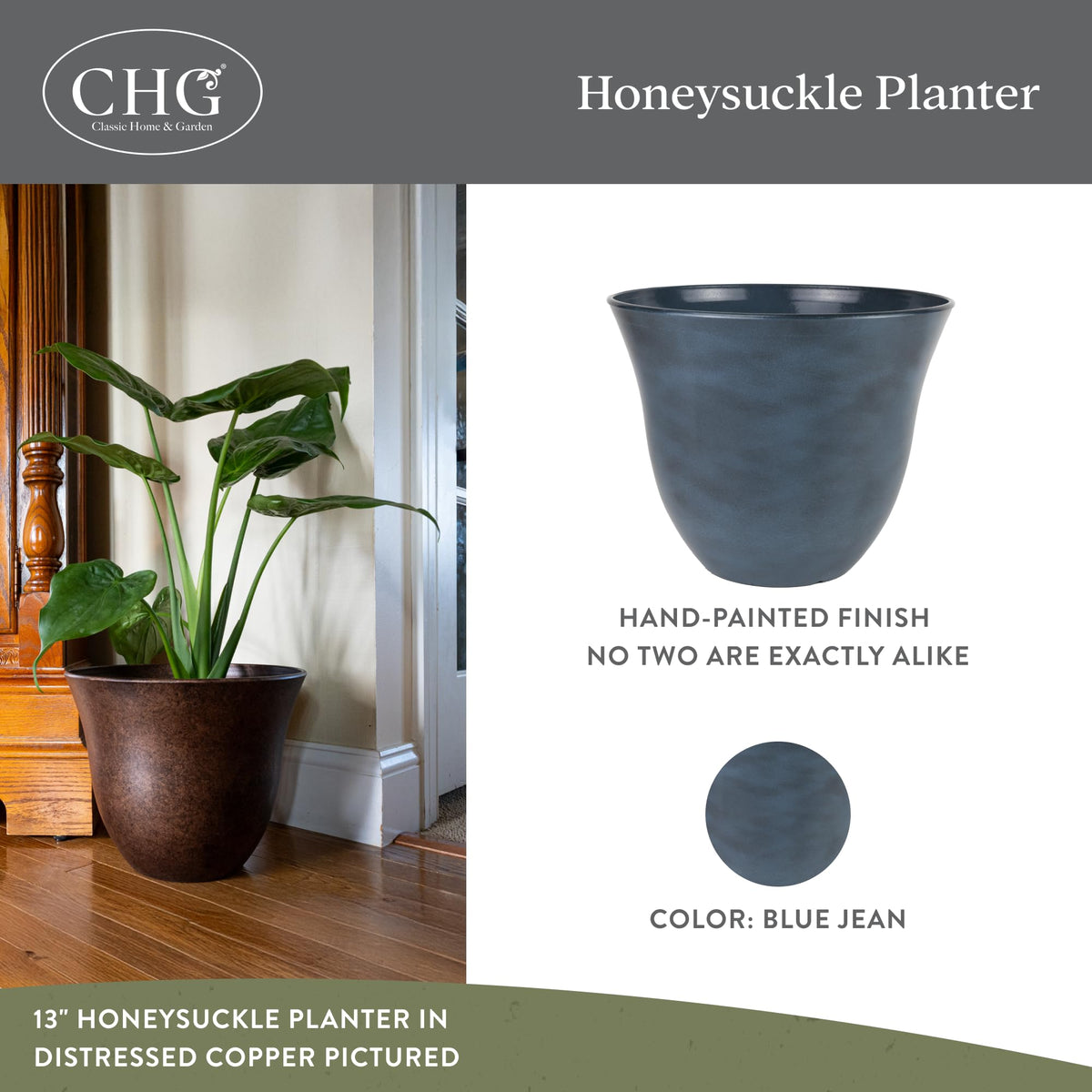 Classic Home and Garden Honeysuckle Resin Planters - Lightweight Indoor & Outdoor Plant Pots - UV-Resistant Plastic Flower Pots - Pot Planters for Flowers & Herbs (15" Blue Jean)