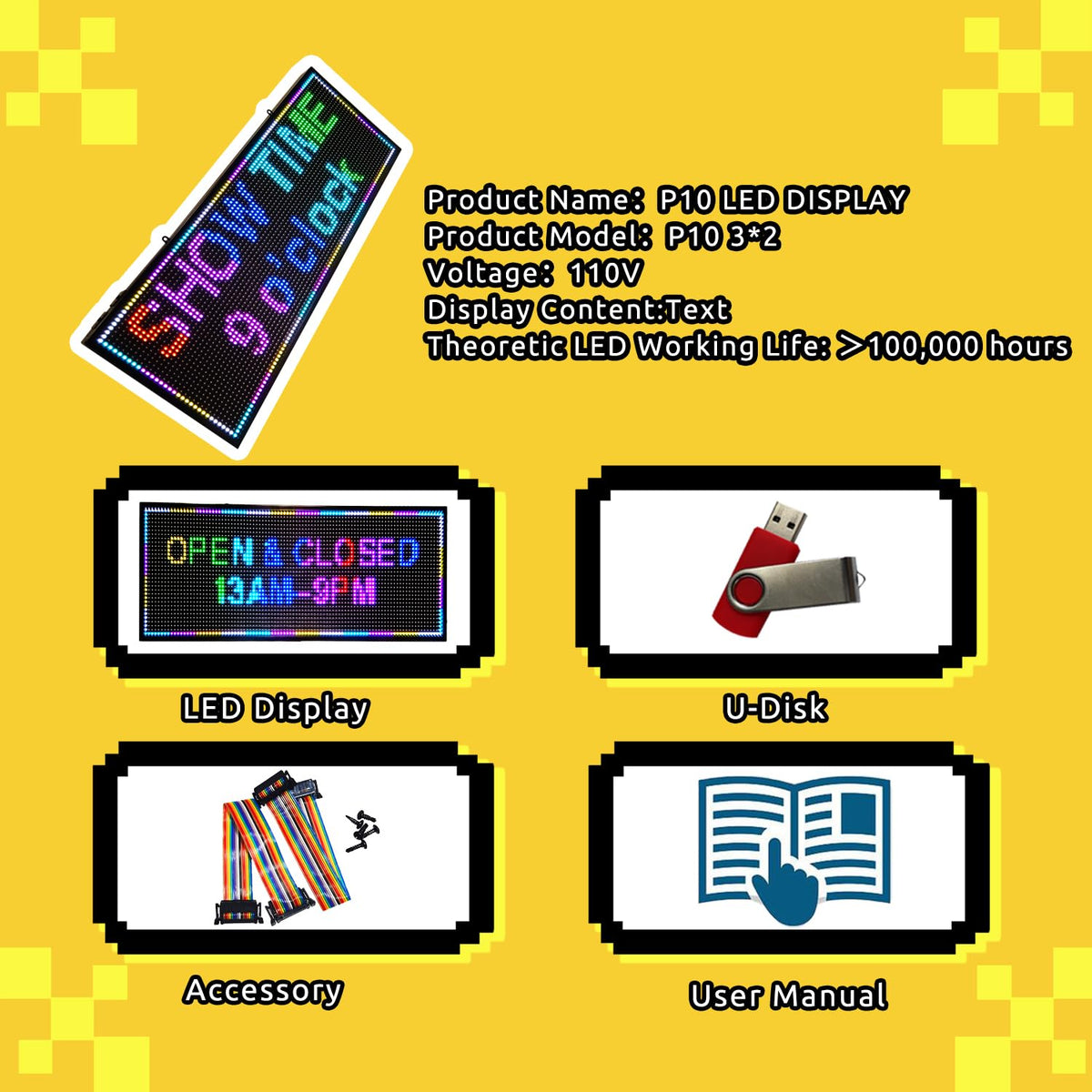 P10 Programmable Scrolling LED SIGN 40"×14" LED Display, 4000cd/m³ High Brightness led Display with WIFI+USB, Indoor Outdoor Digital Sign Screen, SMD Technology Open Sign for Advertising Advertising