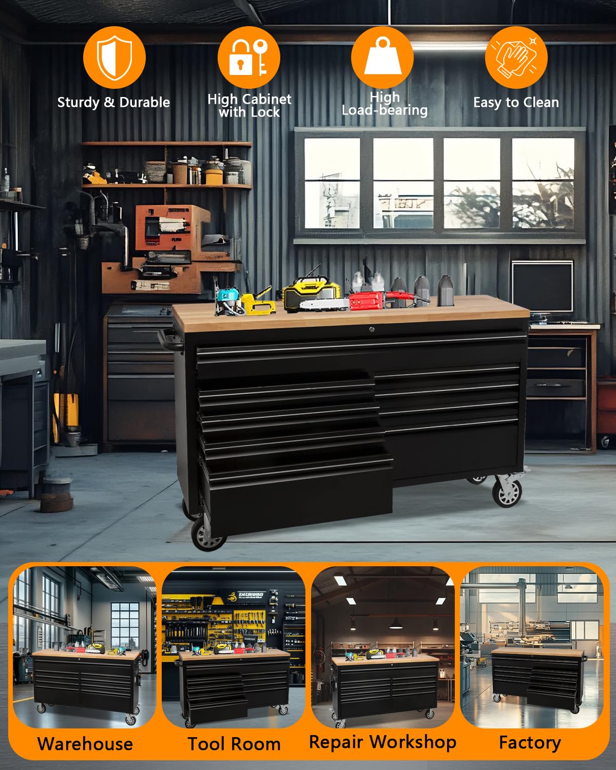 61" Rolling Tool Chest with 9 Drawers - Heavy-Duty Steel & Rubber Wood Workbench on Wheels, Garage Workbench with Key Locking System, Drawer Liners for Warehouse Repair Shop, Matte Black