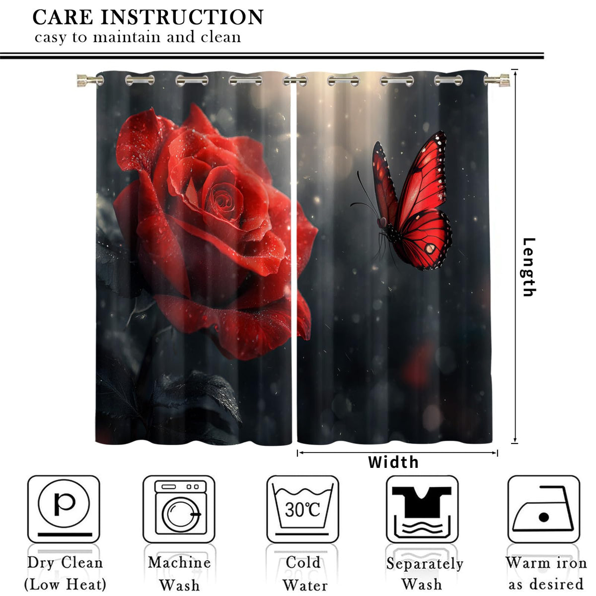 JAXIUOF Red Flowers Curtains 84 Inch Long 2 Panels Butterfly Rose Plants Blackout Curtains, Romantic Floral 3D Printed Drapes, Grommet Top Window Treatments for Bedroom Office Kitchen