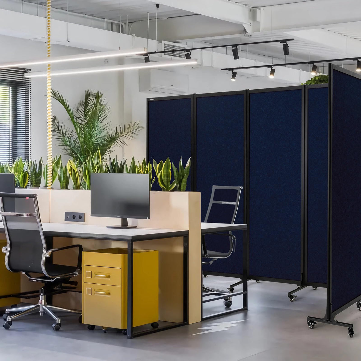 Upgrade Version Room Partition and Divider, Freestanding Rolling Dividers with Wheels,Office Privacy Screen Divider Wall,Classroom Felt Dividers,10'6"L* 6'7"H,5 Panel,Blue