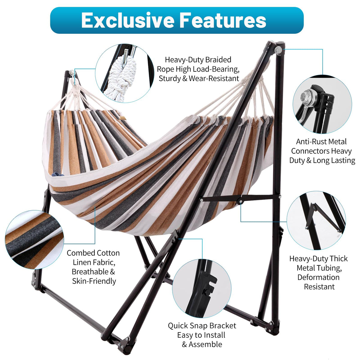 LIEVIM Portable Hammock with Stand for Outside Foldable,Frabic Tension Adjustable Indoor,Carrying Bag Included, 616 lbs Weight Capacity, Suitable Garden Yard Outdoor Inhouse Cyan