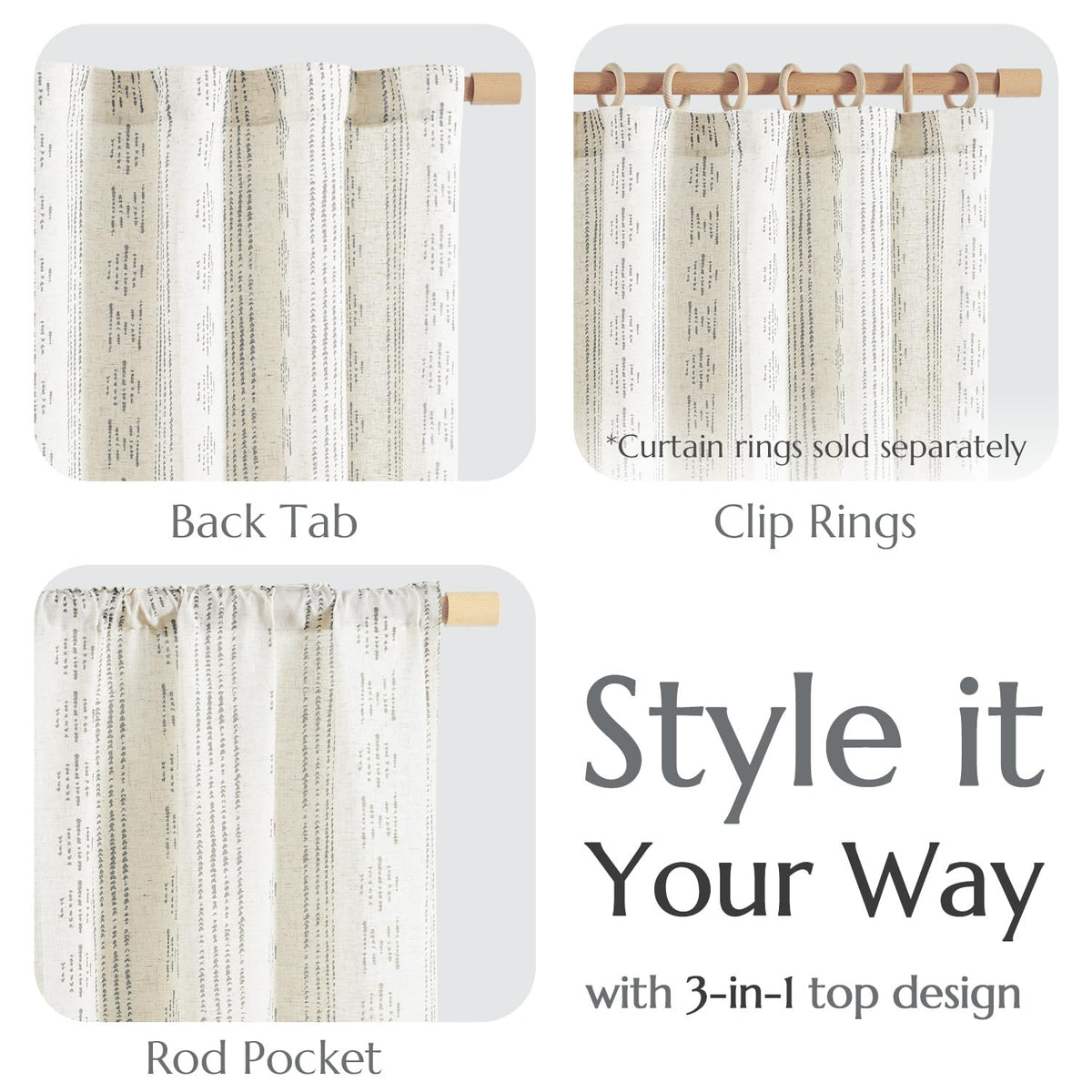 jinchan Boho Curtains Linen Blend Drapes for Bedroom Farmhouse Grey Curtains 84 Inches Long 2 Panels for Living Room Geometric Striped Window Window Treatment Set Rod Pocket Grey on Beige