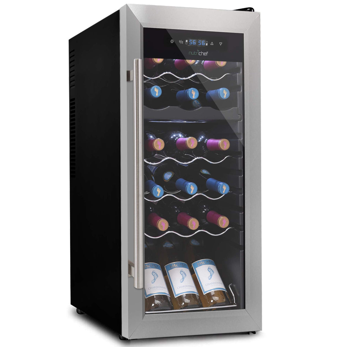 NutriChef 18 Bottle Wine Fridge | Dual Zone Wine Chiller | Adjustable Temperature 41°F to 64°F | Ultra Quiet Operation | Wine Cooler For Home & Office | Free Standing 32x13x19 IN | Black