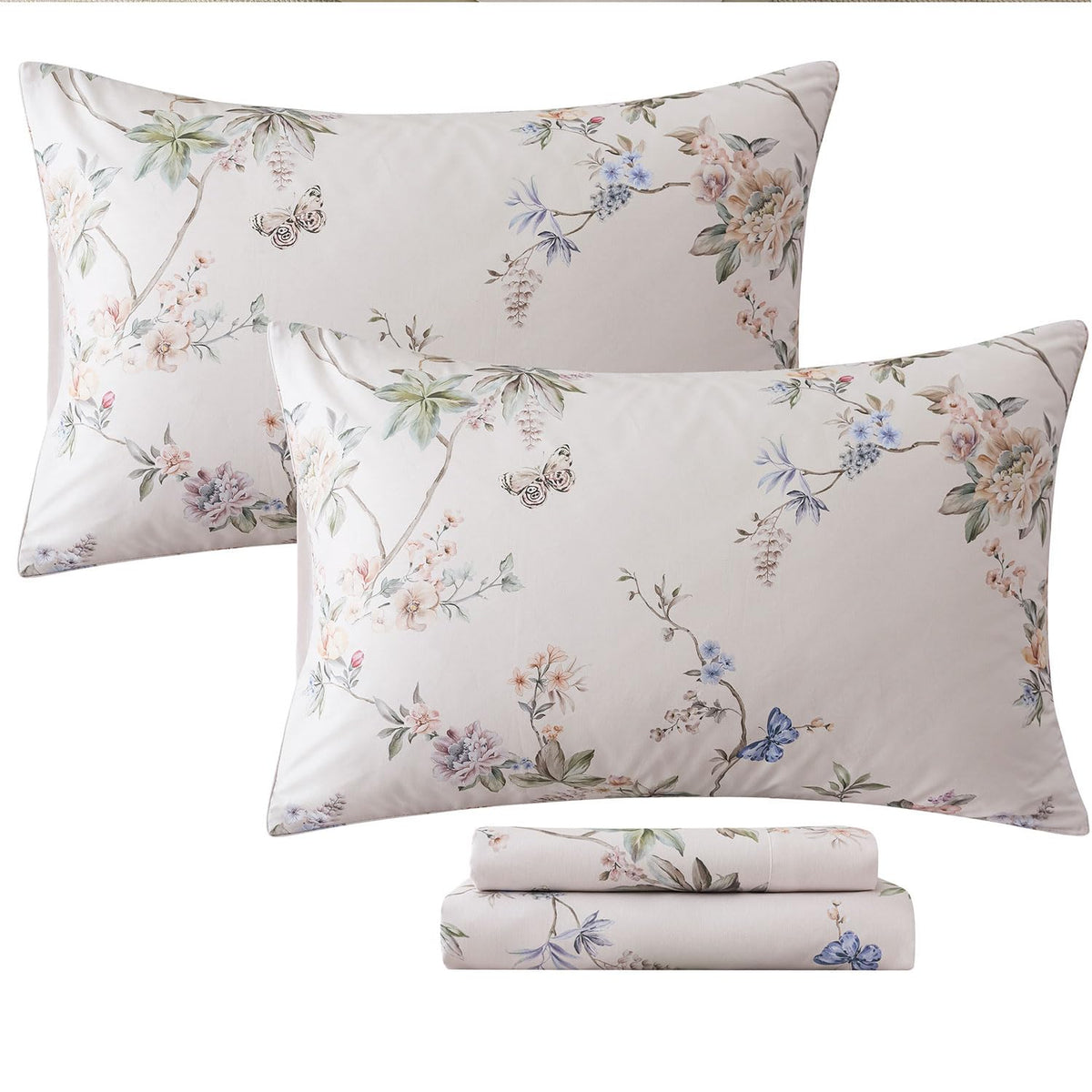 FADFAY Queen Size Sheets Set – 4 Pieces Percale Cotton Deep Pocket Fitted Sheet, Crisp, Breathable & Soft, Country Style Floral & Butterfly Pattern Bedding for All Seasons