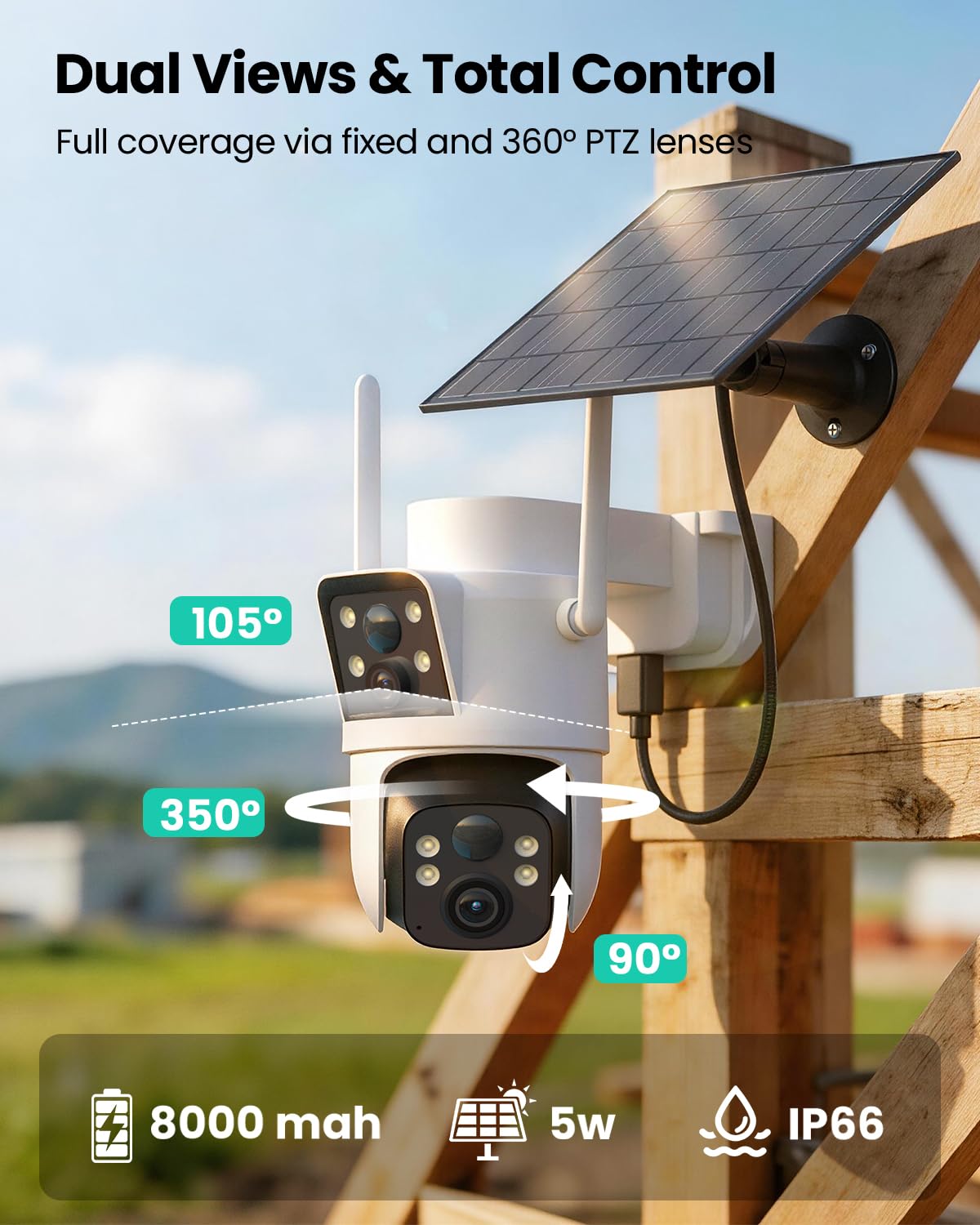 LIWAN 4G LTE Cellular Security Camera Wireless Outdoor, No WiFi Dual Lens, 360° PTZ & Fixed Dual Lens, 2K Color Night Vision, PIR Human Detection, IP66 Weatherproof, 2-Way Audio, Built-in SIM Card