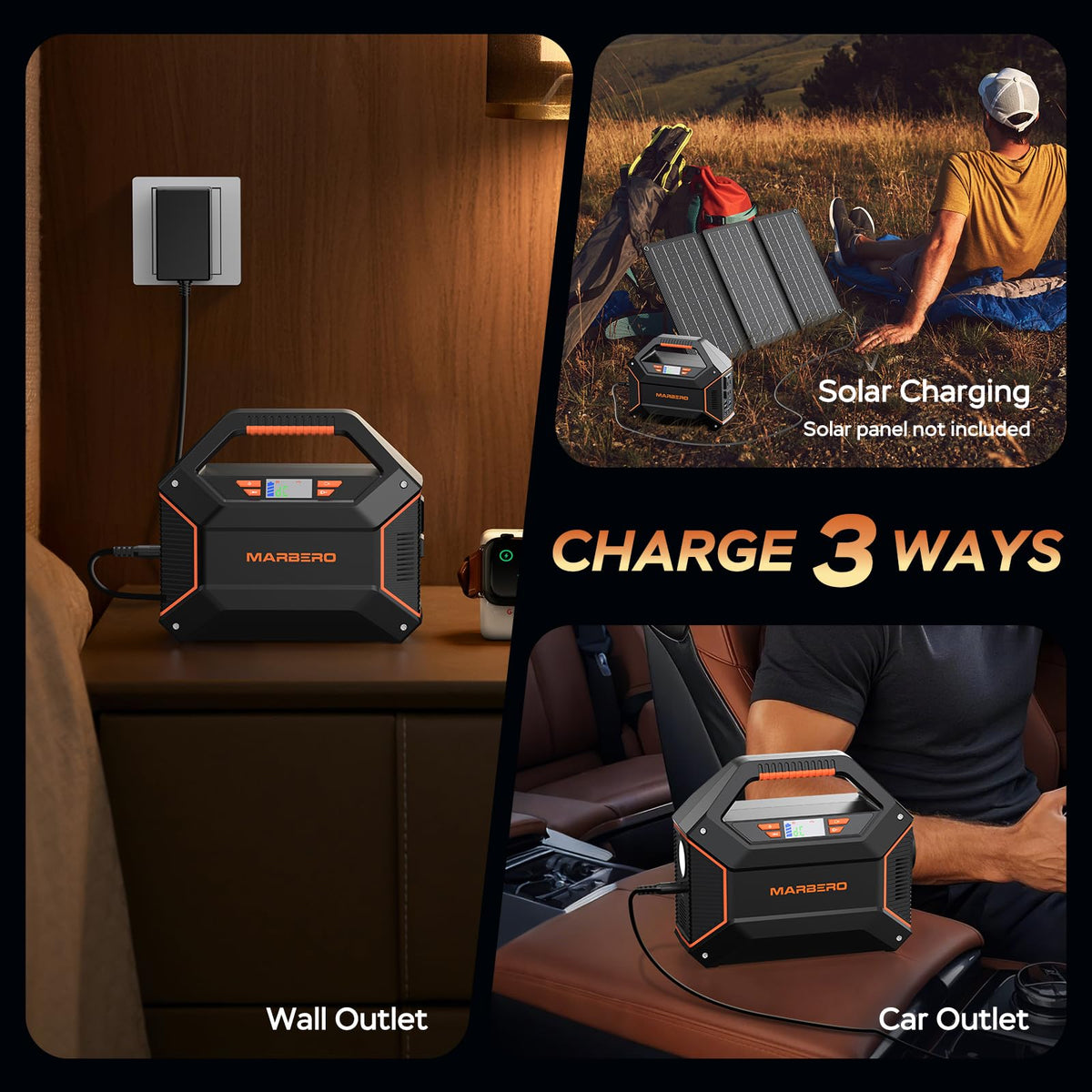 MARBERO Portable Power Station 155Wh Portable Charger 100W Power Station with 6 Outputs 2x 110V AC Outlet LED Flashlight for Home Blackout, Camping, RV Travel, Ultra-Light & Silent Fan UL Certified
