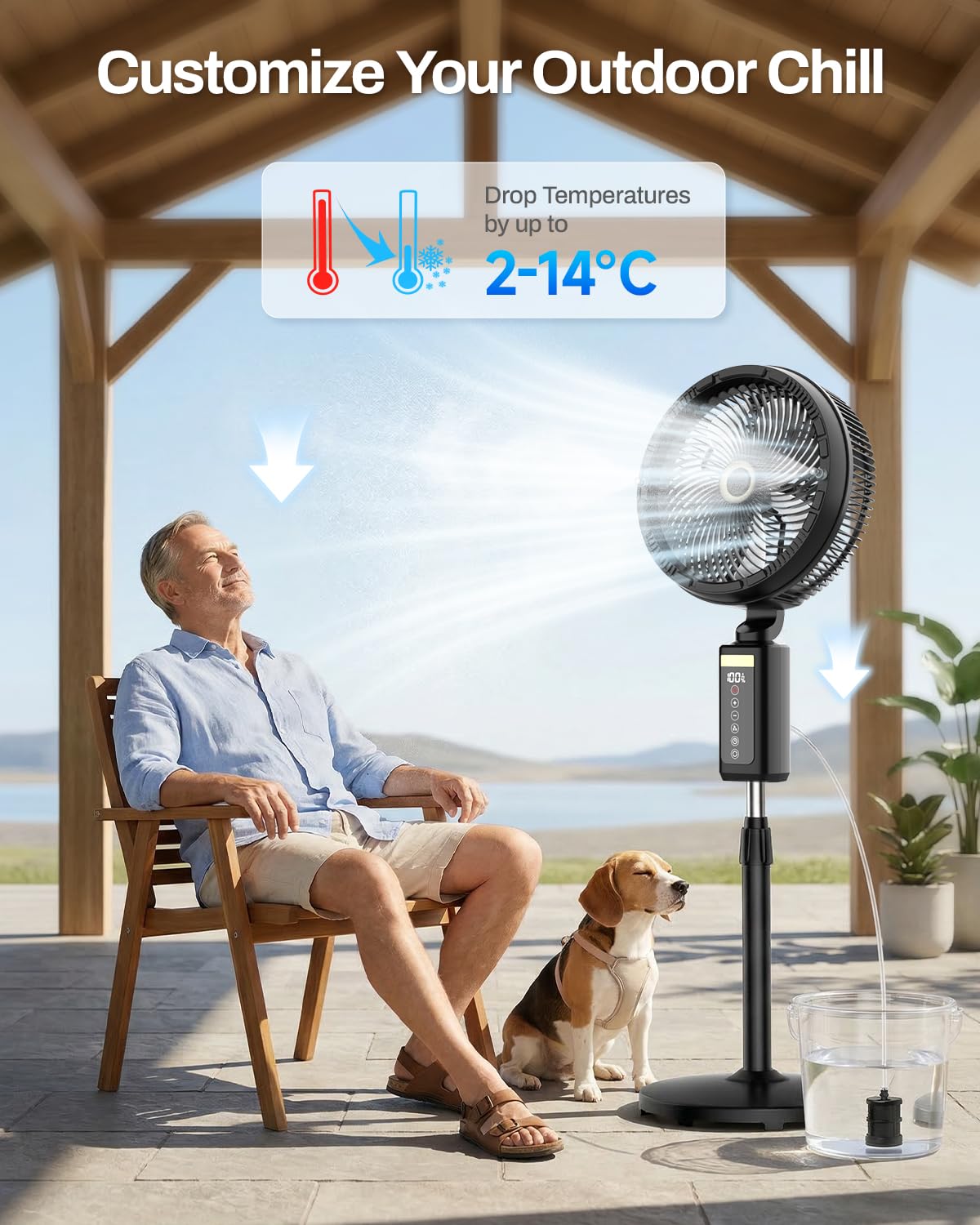 Outdoor Misting Fan with Water Pump, 30000mAh 12-Inch Outside Water Cooling Mister Fan for Patios Bedroom, Portable Standing Oscillating Fan with Mist System, Pedestal Fans with Remote/Spray/Timer