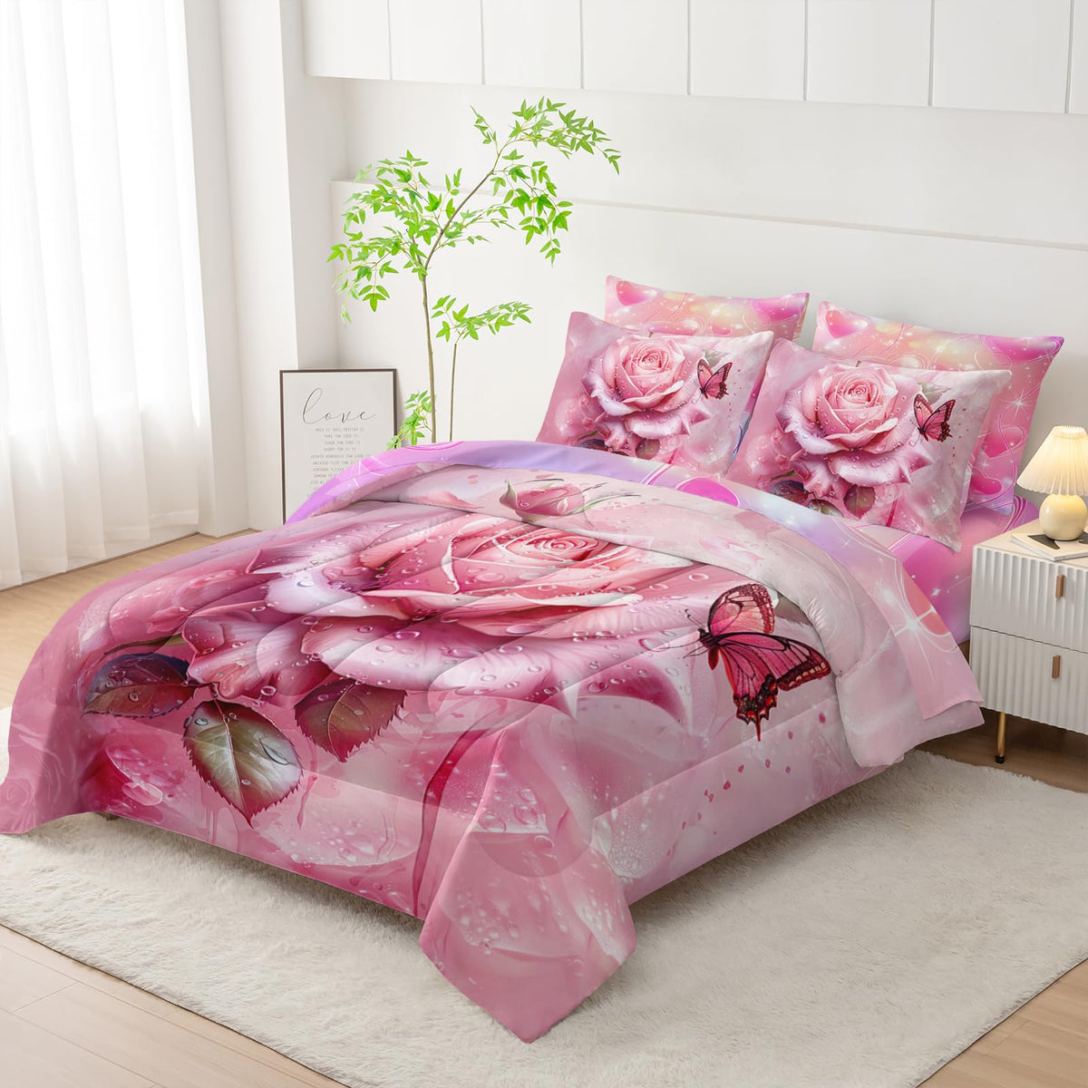 AILONEN Pink Rose Comforter Set Twin Size for Girls Women,7-Piece Soft Bed in a Bag,Rose Flower Butterfly Comforter & Fitted Sheet & Flat Sheet & 2 Pillowcases,2 Pillow Shams