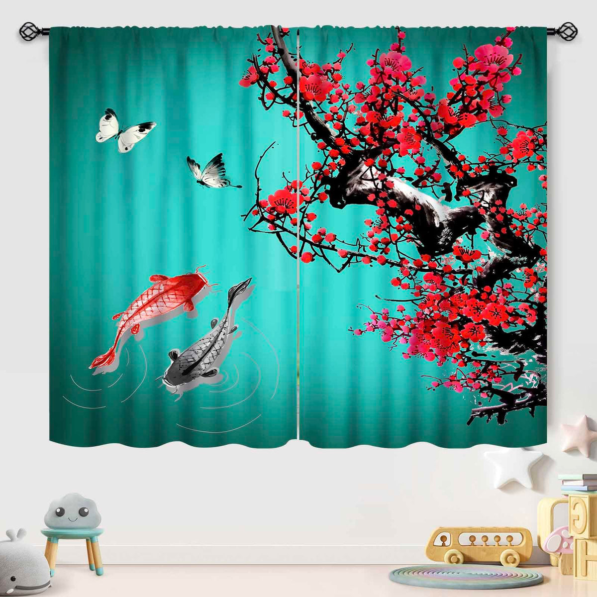 Lnepty Koi Fish Curtains,Asian Style Traditional Japanese Koi Carp Fish Cherry Blossoms Printed Green Retro Landscape Window Drapes Treatments for Bedroom Living Room 21" W x 45" L,2 Panel Set