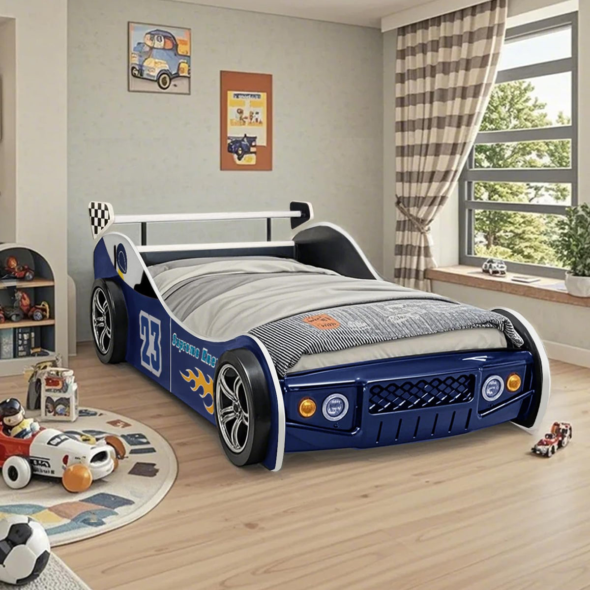 LKTART Car Bed Twin Size for Kids, Race Car Shaped Wooden Platform Bed Frame with Headboard Wheels and Support Slats for Boys Toddlers Child's Bedroom (Blue)
