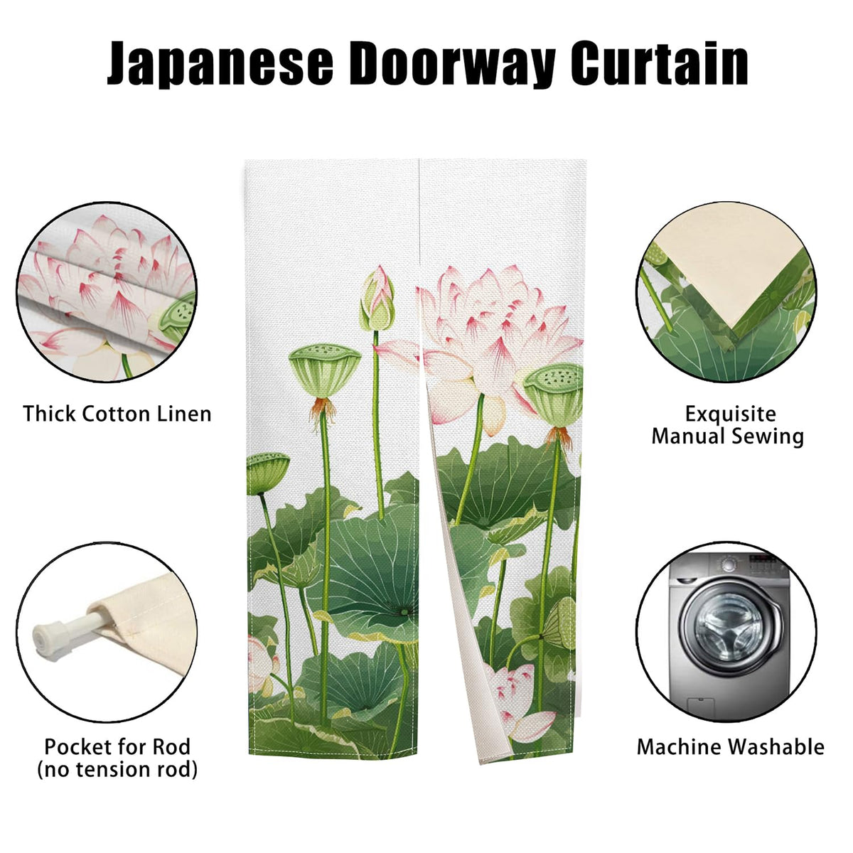 XMJJKUF Noren Japanese Doorway Curtain Chinese Traditional Lotus Printed Style Door Curtain Feng Shui Tapestry Window Bedroom Partition Kithchen Bathroom Door Decor,33.5"x 59"