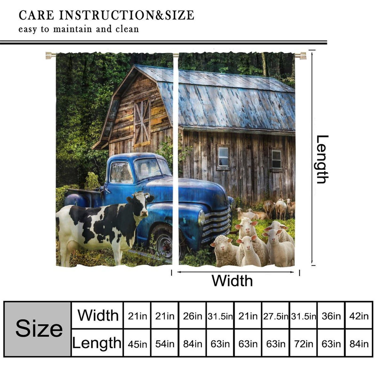 VUMIVI Rustic Farmhouse Curtains Barn Blue Pickup Truck Cows Sheep Trees Grasslands Pastoral Landscape Rod Pocket Window Treatments for Boys Girls Bedroom Kitchen Living Dining Cafe 42" W X 44.5" L