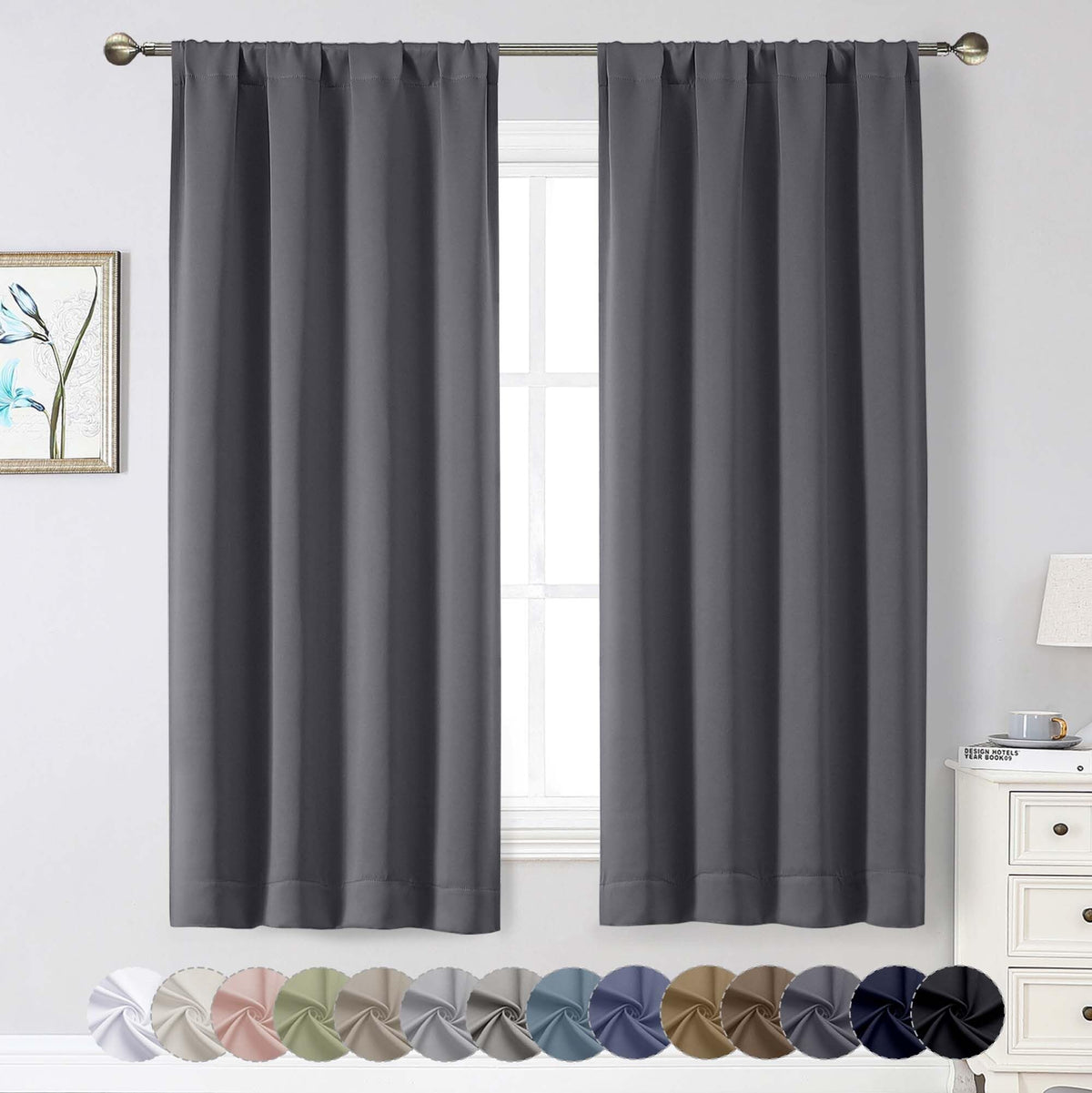 WelvetBLK Grey Blackout Curtains for Bedroom Living Room 63 Inch Length 2 Panels Set, Soft Solid Room Darkening Thermal Insulated Window Treatments, Rod Pocket Dining Room Curtains, Grey, 40" Wx63 L