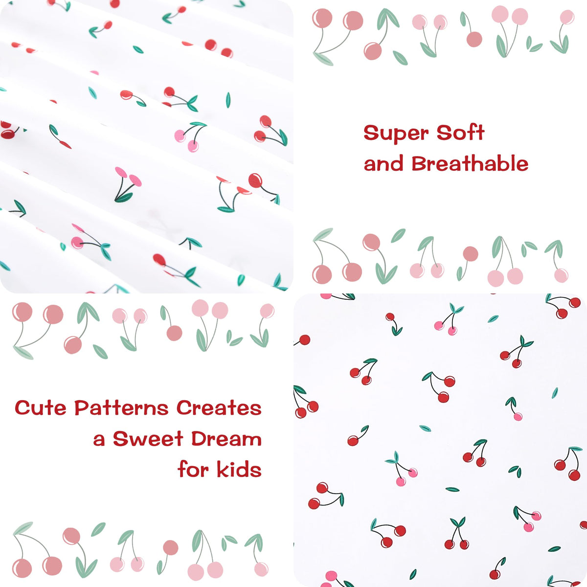 lasoftan Kids Sheet Set Twin Size, Twin Sheet Set with Little Cherry Pattern，Breathable Silky Soft Microfiber Kids Fitted Sheet