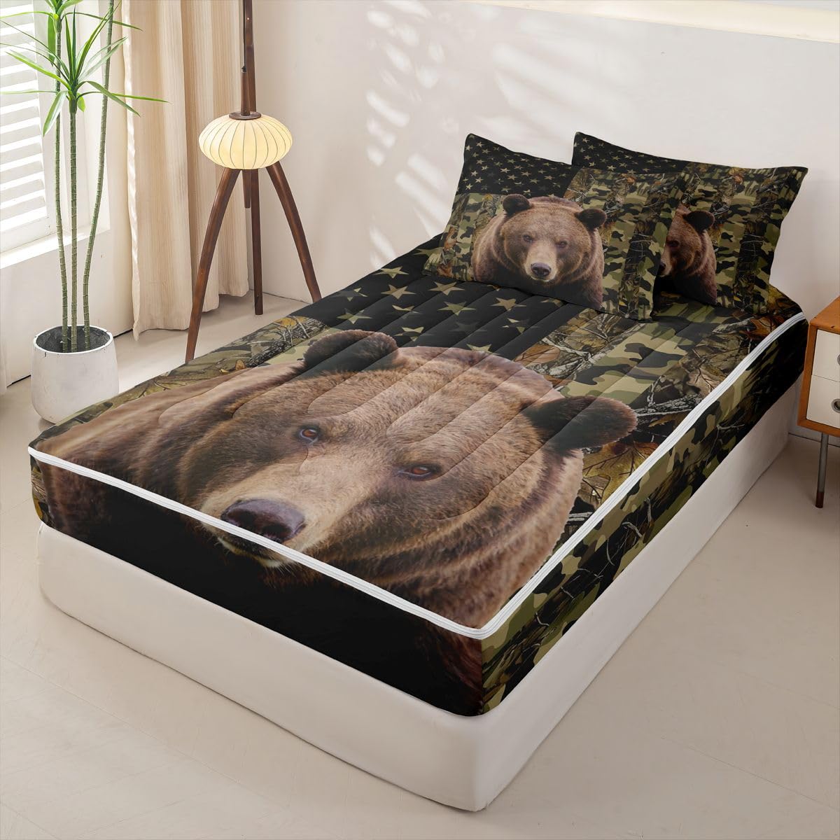 jejeloiu Bear Hunting Camo Zipper Bedding Sets for Kids Boys Girls Rustic Western Bear Twin Comforter Set with Fitted Sheet Green Camouflage Bedroom Decor Microfiber with 2 Pillow Cases
