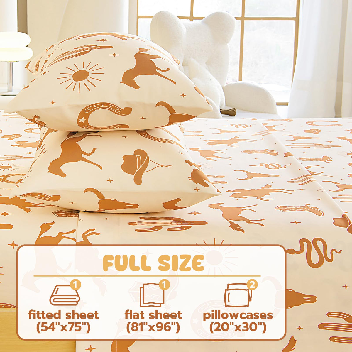 Homilay Full Sheet Set Kids - West Cowboy 4 Pieces Soft Microfiber Cartoon Style Bedsheets for Boys Girls Teens, Oeko TEX Breathable 15 Inch Deep Pocket Sheets(Yellowstone)