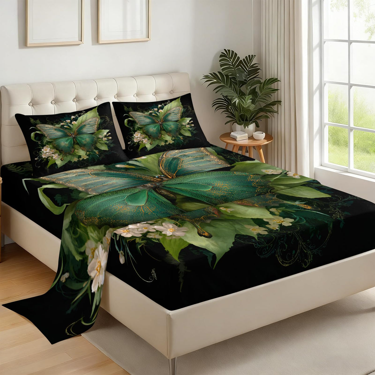 ZAOMIR Butterfly Floral Sheet Set King for Women, Botanical Flower Leaves Bed Sheets Set 4 Pieces Soft Microfiber Boho Black Green Bedding Sheets with Deep Pocket Fitted Sheet & 2 Pillowcases