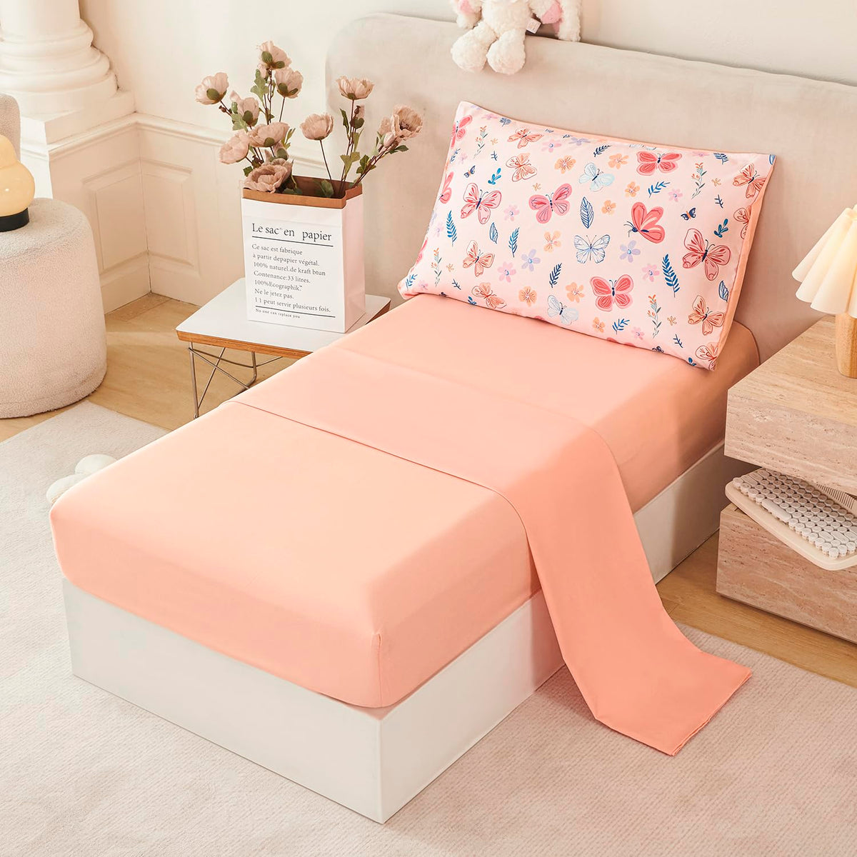URBONUR Cute Butterfly Toddler Bedding Set for Girls, 4 Piece Bed-in-a-Bag Toddler Microfiber Comforter Sheet Set, Botanical Flowers Printed, All Season Easy Care