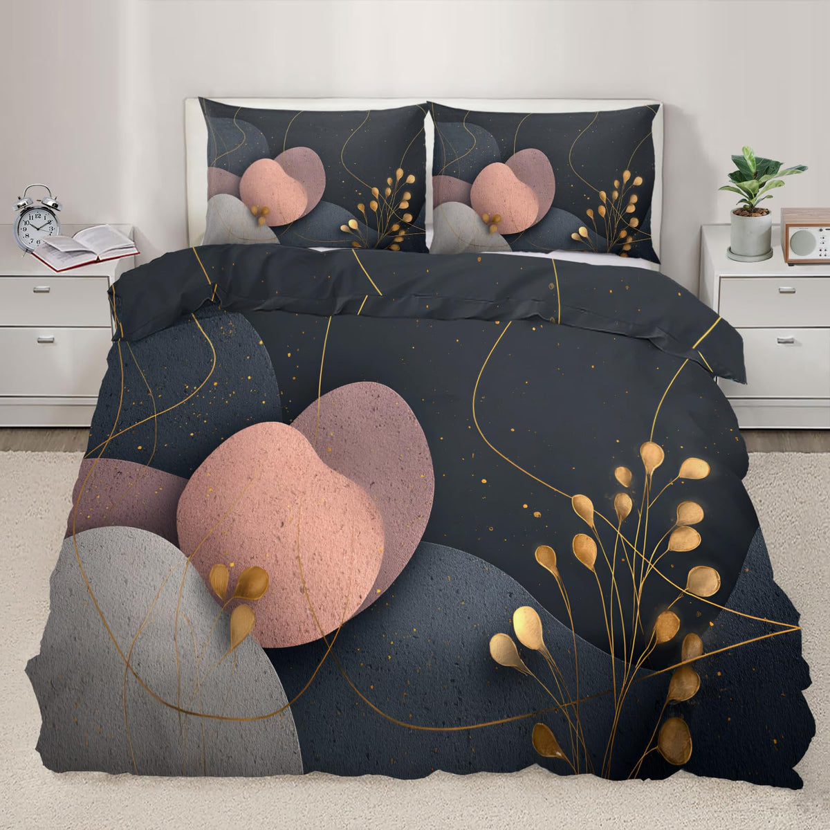 ZAOMIR Mid Century Modern Abstract Duvet Cover Queen Size, Dark Gray Black Rose Pink Geometric Bedding Set 3 Piece, Abstract Geometric Botanical Patterned Comforter Cover with Zipper, 2 Pillowcases