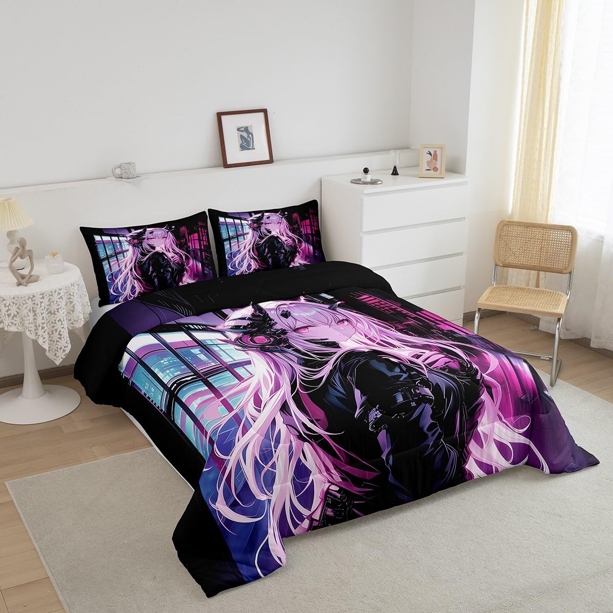 Erosebridal Japanese Anime Bedding Set Twin Size, Anime Girl Comforter Set Kawaii Japanese Style Duvet Insert Cartoon Japan Animation Quilt for Boys Teens Adult Women Bedroom Decor