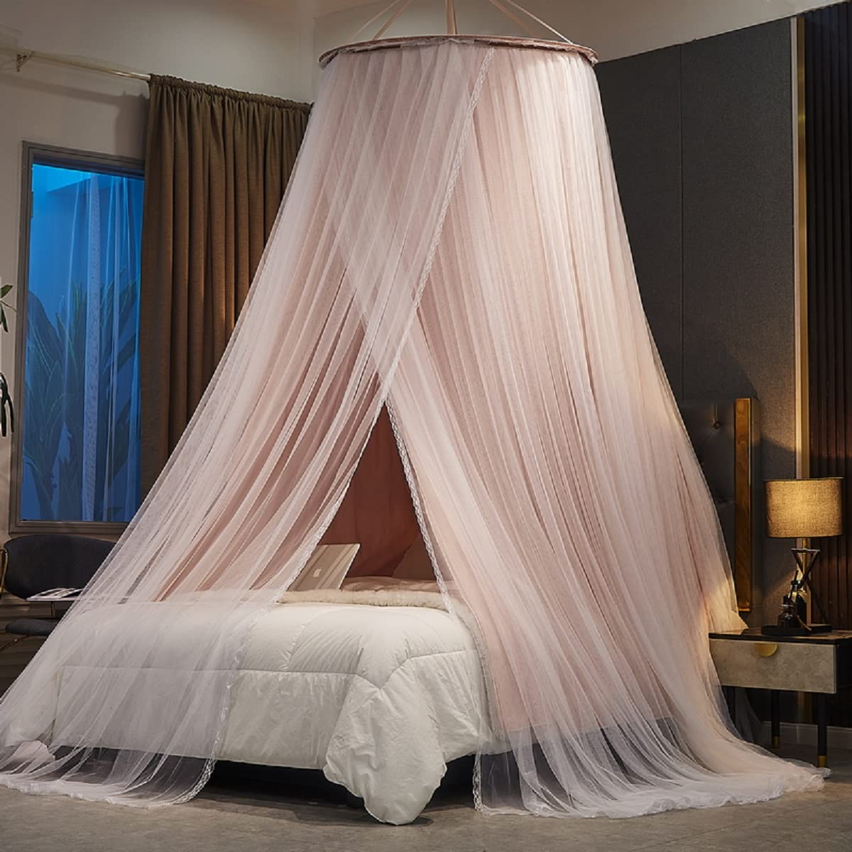 Kertnic Luxurious Bed Canopy for Girls & Adults - Double Layer Princess Canopy with Lace, Round Dome Mosquito Netting for Queen/King Bed Tent (Pink)