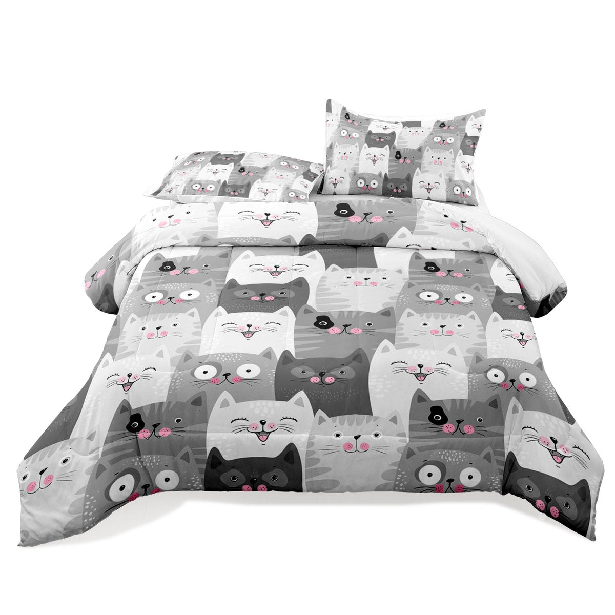 Raphus cucullatus Girls Twin Comforter Set Cat,Kawaii Cat Twin Bedding Sets for Girls,Cute Comforter Sets Twin Size Bed,Kids Animal Print Bedding Set,Girl Grey Bedding 3 Piece Twin Bed Set