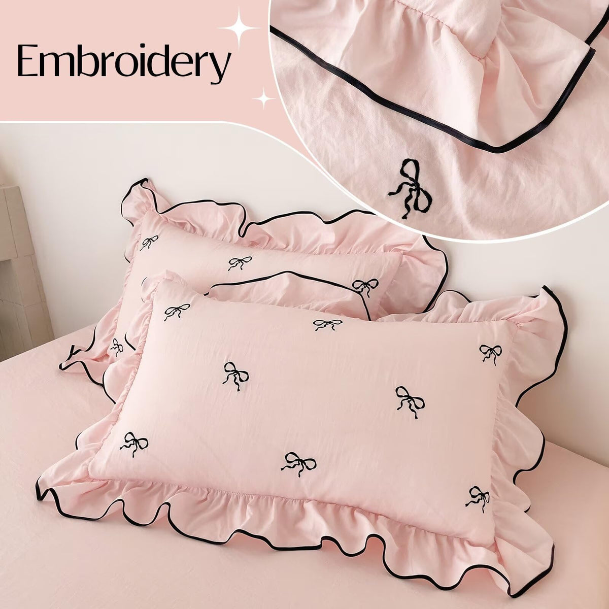 AMZTOP Cute Pink Duvet Cover Set Queen Size 3 Pcs with Bow,1 Duvet Cover with 2 Pillowcases,Washed Coquette Queen Bedding Set for Teen Girls,Zipper Ruffles Quilt Covers 90"×90"