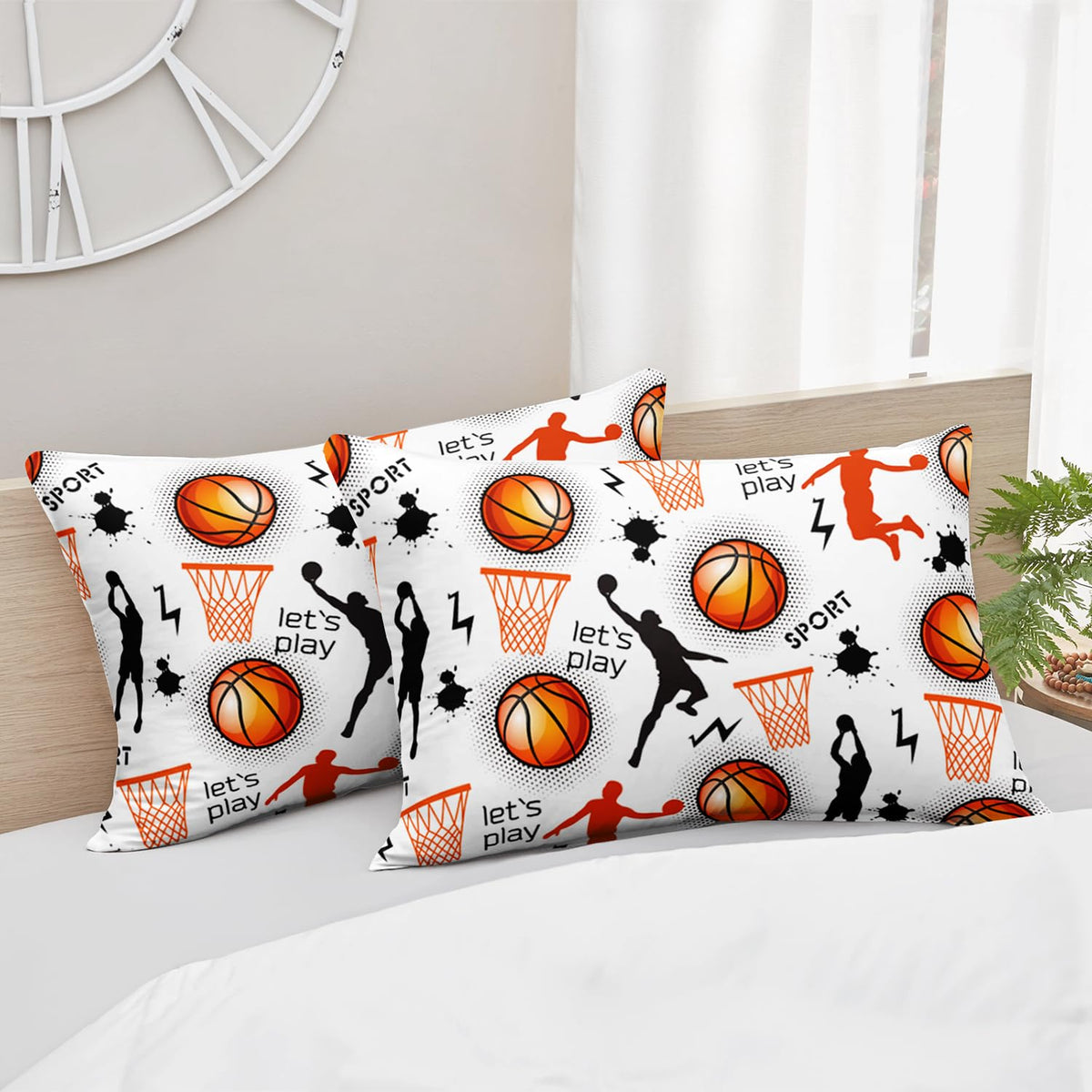 HOSIMA Basketball Twin Bedding Sets for Boys Room Decor,Various Postures of Shooting Print Fitted Sheet,Basket and Basketball Pattern Teens Sports Bedding,1 Fitted Sheet+2 Pillowcases.
