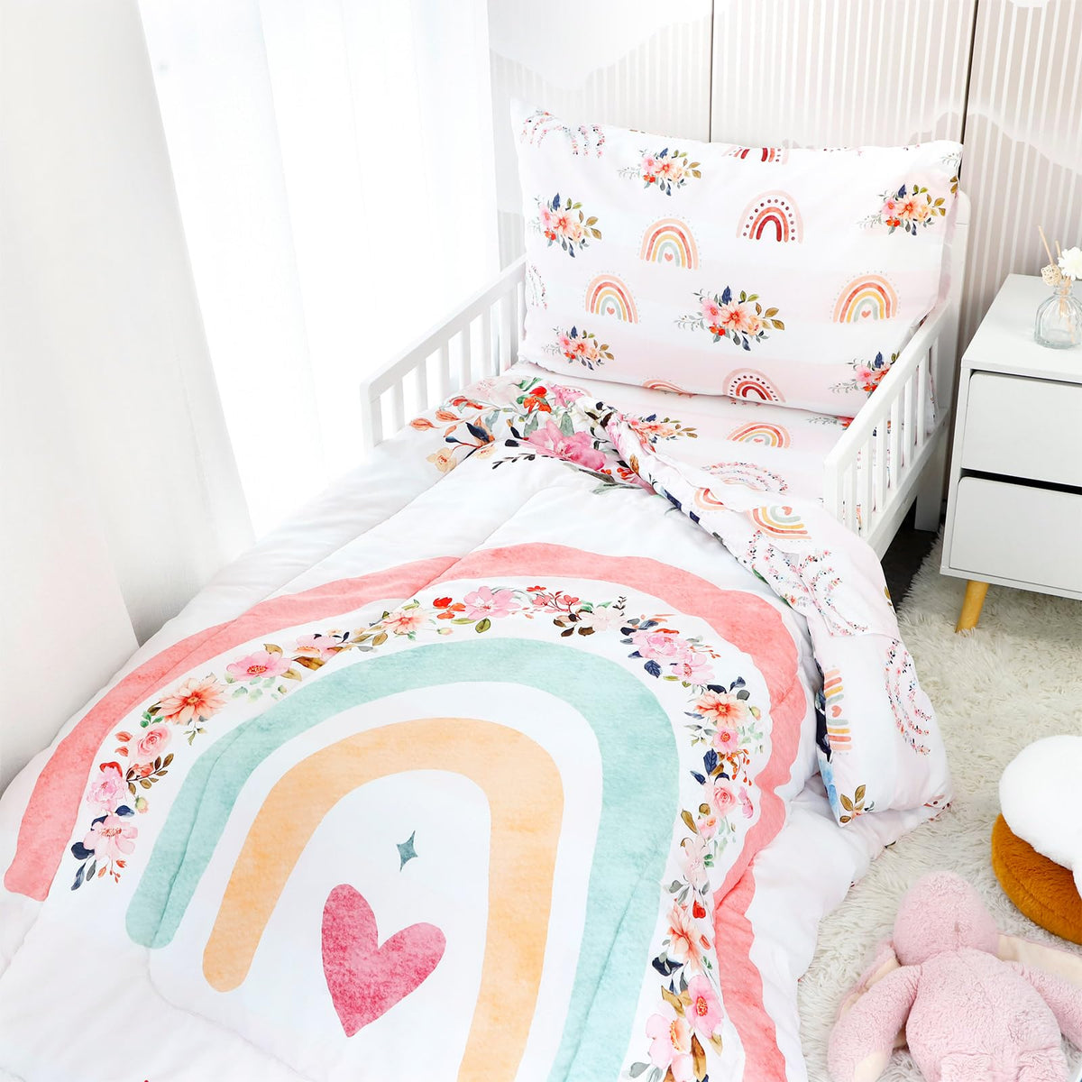 Toddler Bedding Sets for Girls, Rainbow Toddler Crib Bedding Set 4 Piece Pink Floral Toddler Comforter Set Includes Flat Top Sheet, Fitted Sheet, Comforter, Envelope Pillowcase, Soft & Comfort