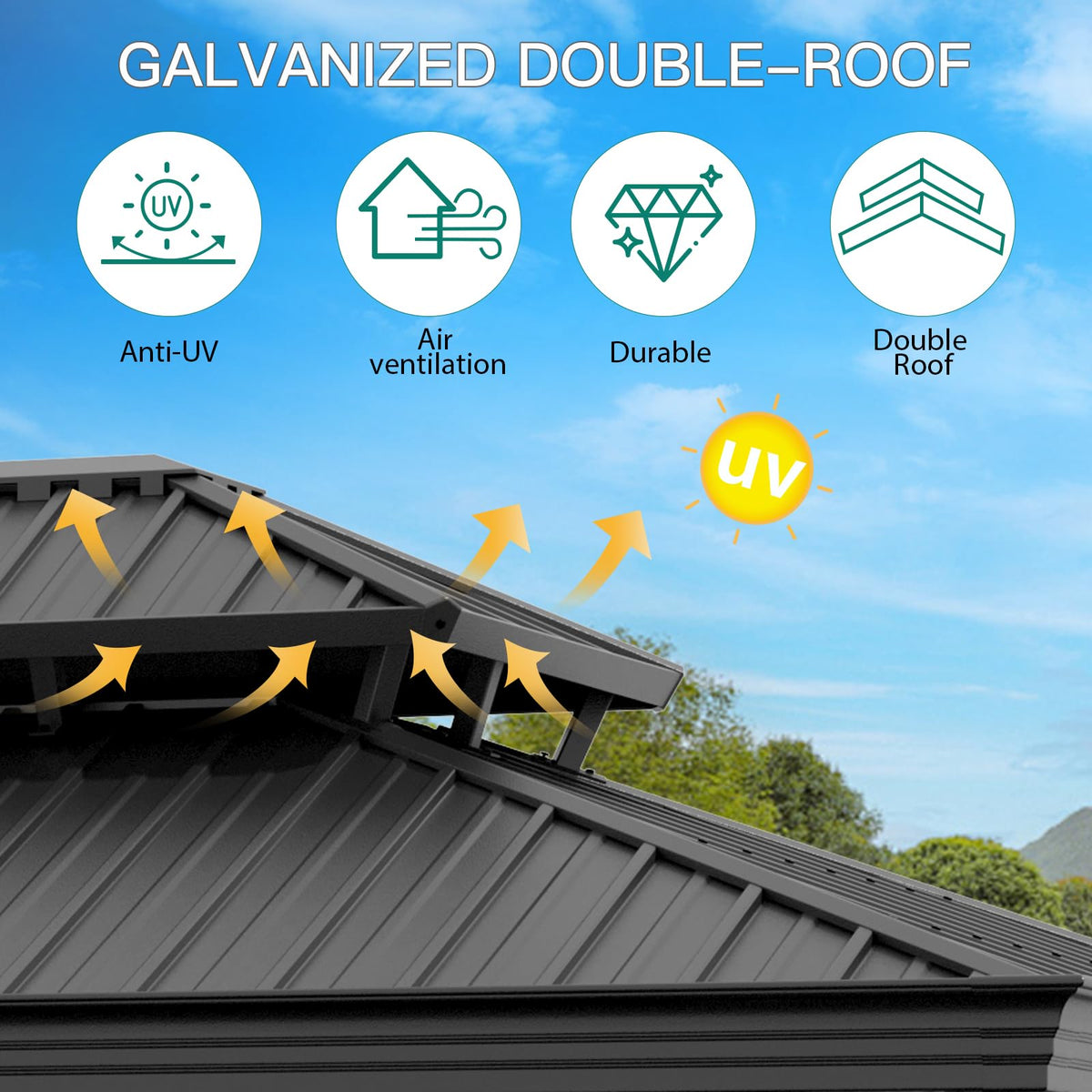 GarveeHome Outdoor Hardtop Gazebos 10 x 12 ft Permanent with High Strength Aluminum Frame, Double-Roof, Pavilion with Curtain and Netting for Patio, Lawn, Deck, Garden (Darkgrey, 10x12 ft)