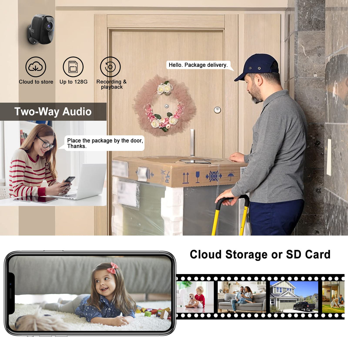 Magnetic Security Cameras Wireless Outdoor - Home Battery Powered WiFi Camera 2K Video/Color Night Vision/AI Motion Detection Siren Alarm and Spotlight 2-Way Audio Waterproof SD/Cloud (Black(2pcs))