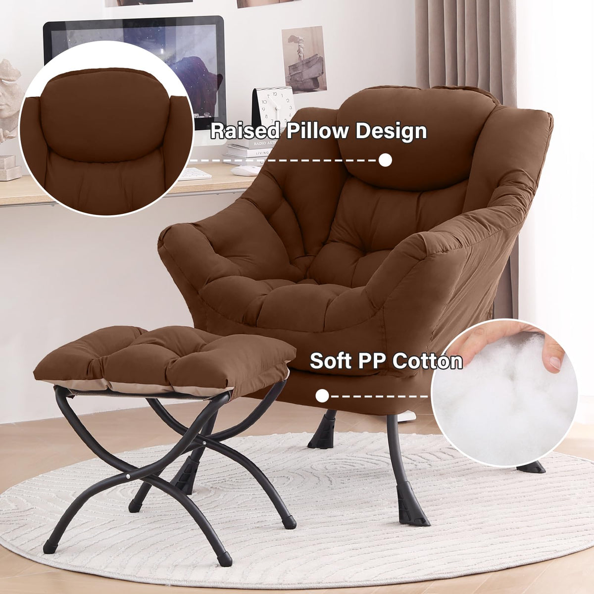 Tiita Lazy Chair with Ottoman, Brown Modern Large Accent Chair, Comfy Leisure Sofa Armchair with Ottoman, Reading Chair with Footrest for Bedroom, Living Room, Dorm Rooms, Brown