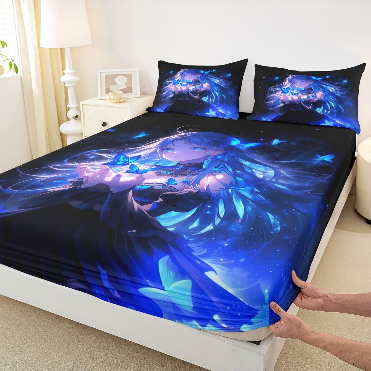 Erosebridal 3D Japanese Girl Bed Sheets Set Blue Butterfly Decorations Sheets Twin,Cartoon Sheet Set for Boys Girls Anime Gifts for Her Bedding Sets Bedroom Decor 3 Pieces