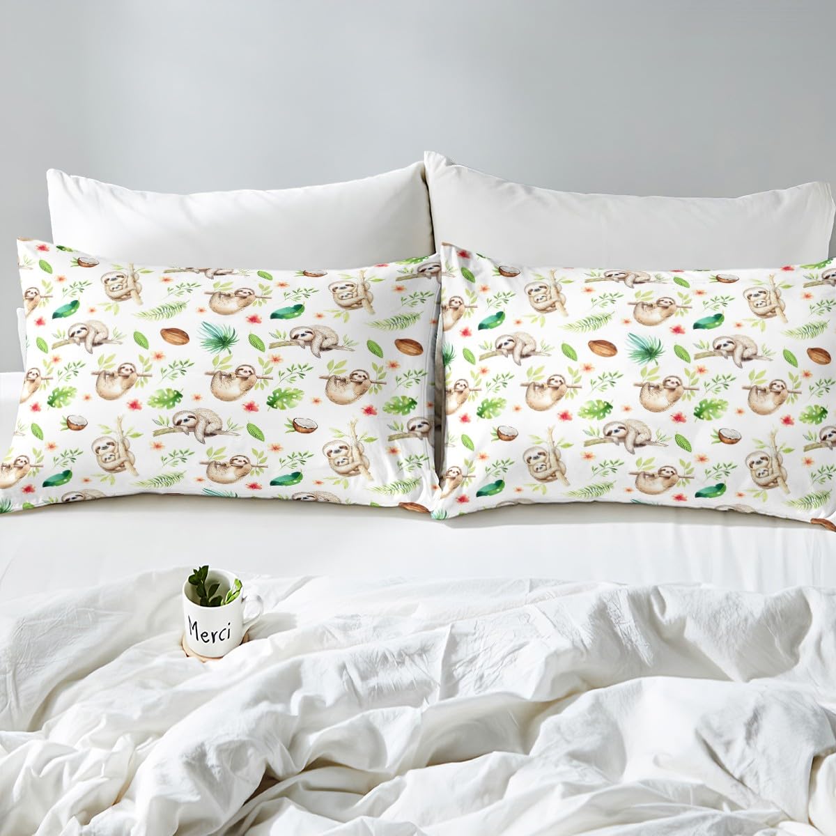 Homewish Sloth Duvet Cover Set Cartoon Sloth Tree Leaf Print Bedding Set 3pcs for Kids Boys Girls Animal Theme Comforter Cover Soft Polyester Quilt Cover with 2 Pillow Cases (No Comforter) King Size