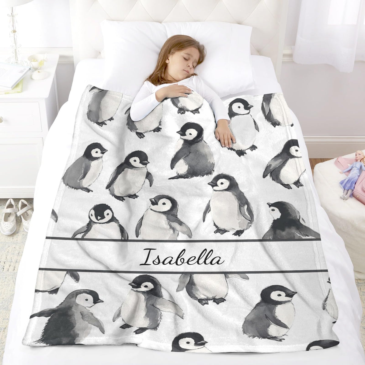 Personalized Penguin Throw Blanket, Custom Name Soft Flannel Blanket Gift for Him Mom Dad, Warm Cozy for Couch Sofa Bed Living Room