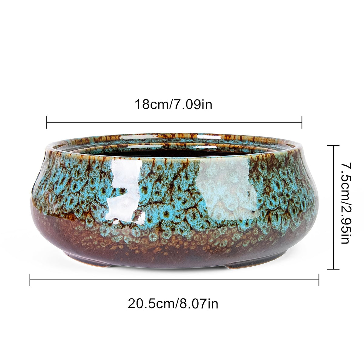 ARTKETTY Succulent Pots - 8 Inch Plant Pot, Large Bonsai Pots with Drainage, Ceramic Planters for Indoor Outdoor Plants, Round Shallow Cactus Flower Plant Container Bowl Decorative Home Garden