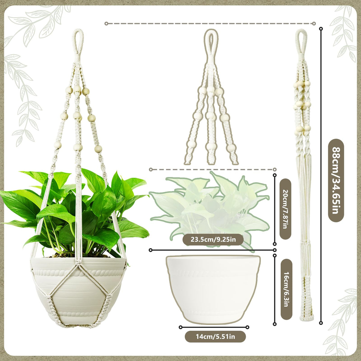 FGSAEOR Macrame Plant Holder Basket, Hanging 3-15 inch Pot, Bearing 20lb Planters, 35 Inches Extra Long Strong Boho Home Indoor Outdoor Décor (2-Pack) (Ivory)
