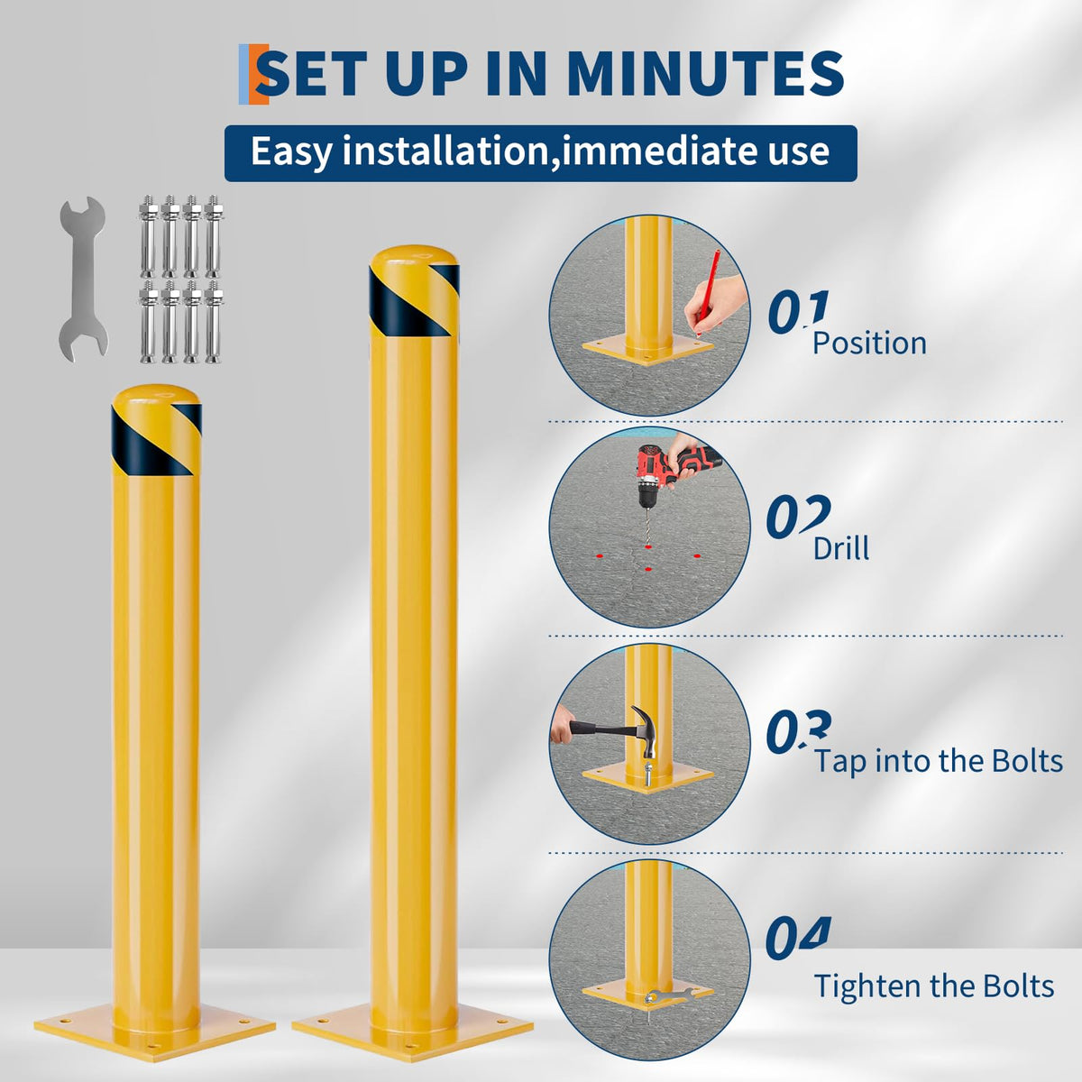 Heavy Duty Steel Safety Bollards 4 Pack, 42 Inch Bollard Posts with Reflective Tape & Anchor Bolts, Removable Parking Bollards for Warehouse, Garage, Parking Lot, Driveway, 4.5 Inch Diameter