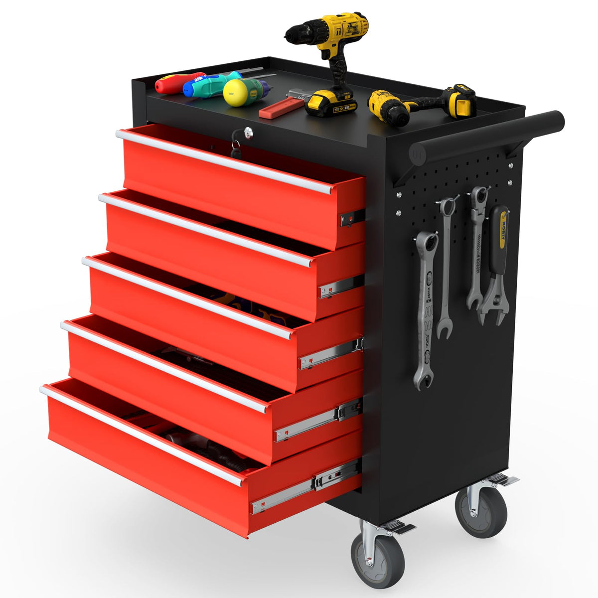 Granper 5-Drawer Rolling Tool Chest, Tool Box with 4 Wheels and Drawers, High Capacity Detachable Mobile Tool Storage Cabinet for Garage, Workshop, Mechanics and Repair Room (Blackred)