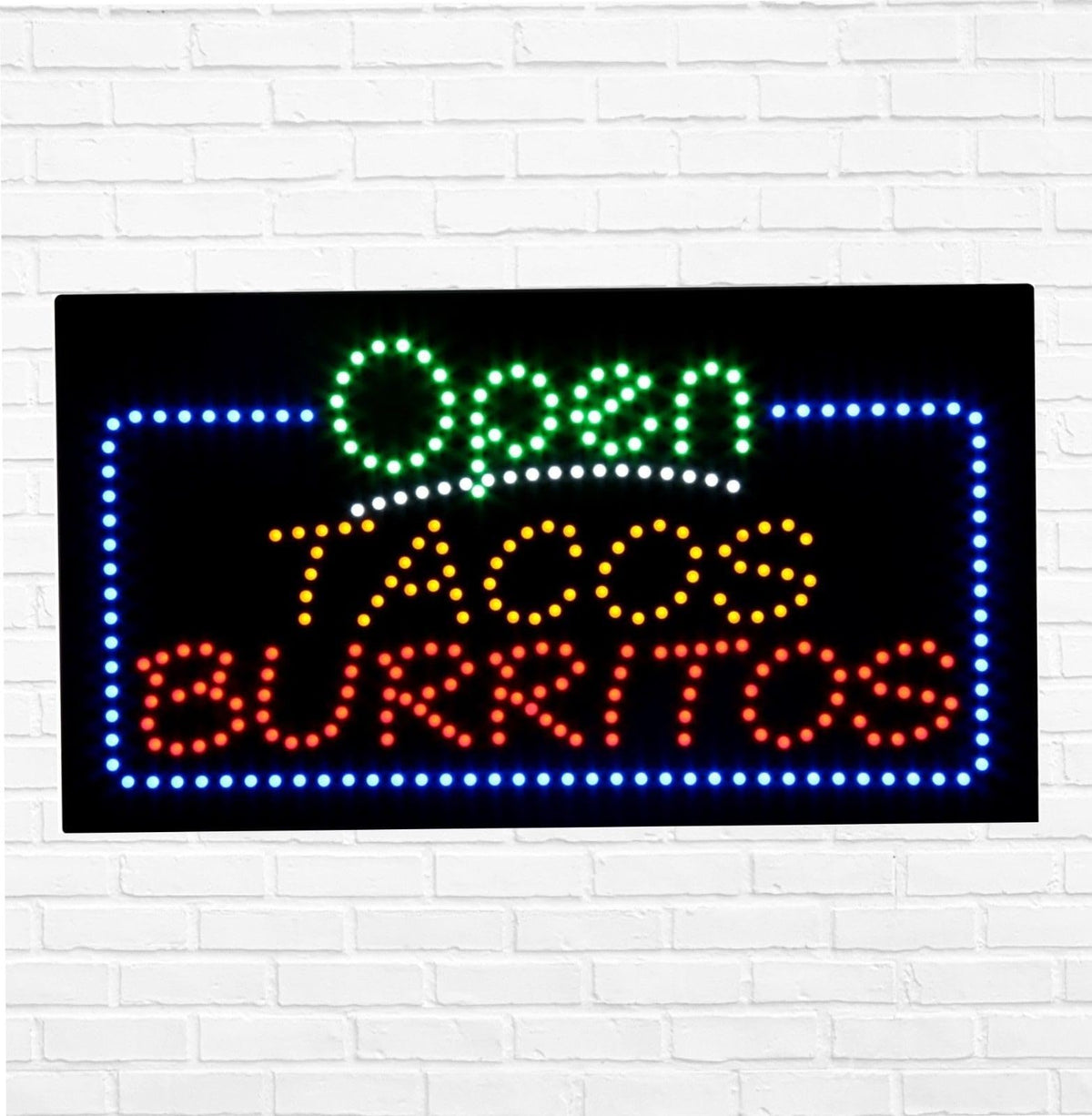 LED Open Tacos Burritos Sign for Retail Business Displays |Advertising Electronic Light Up Sign for Windows Walls |12"h x 24"w x 2"d